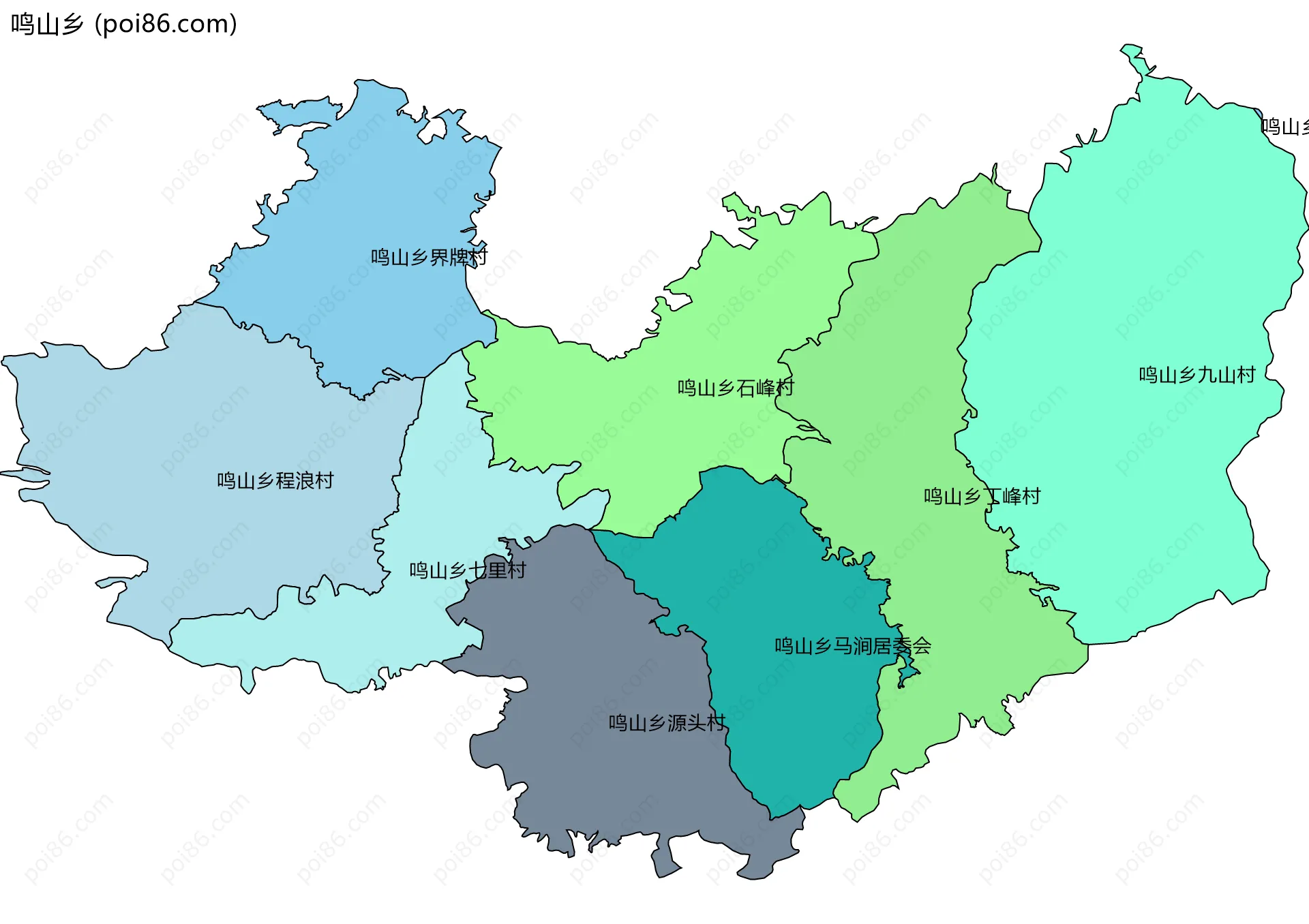 鸣山乡边界地图(五级行政区划)