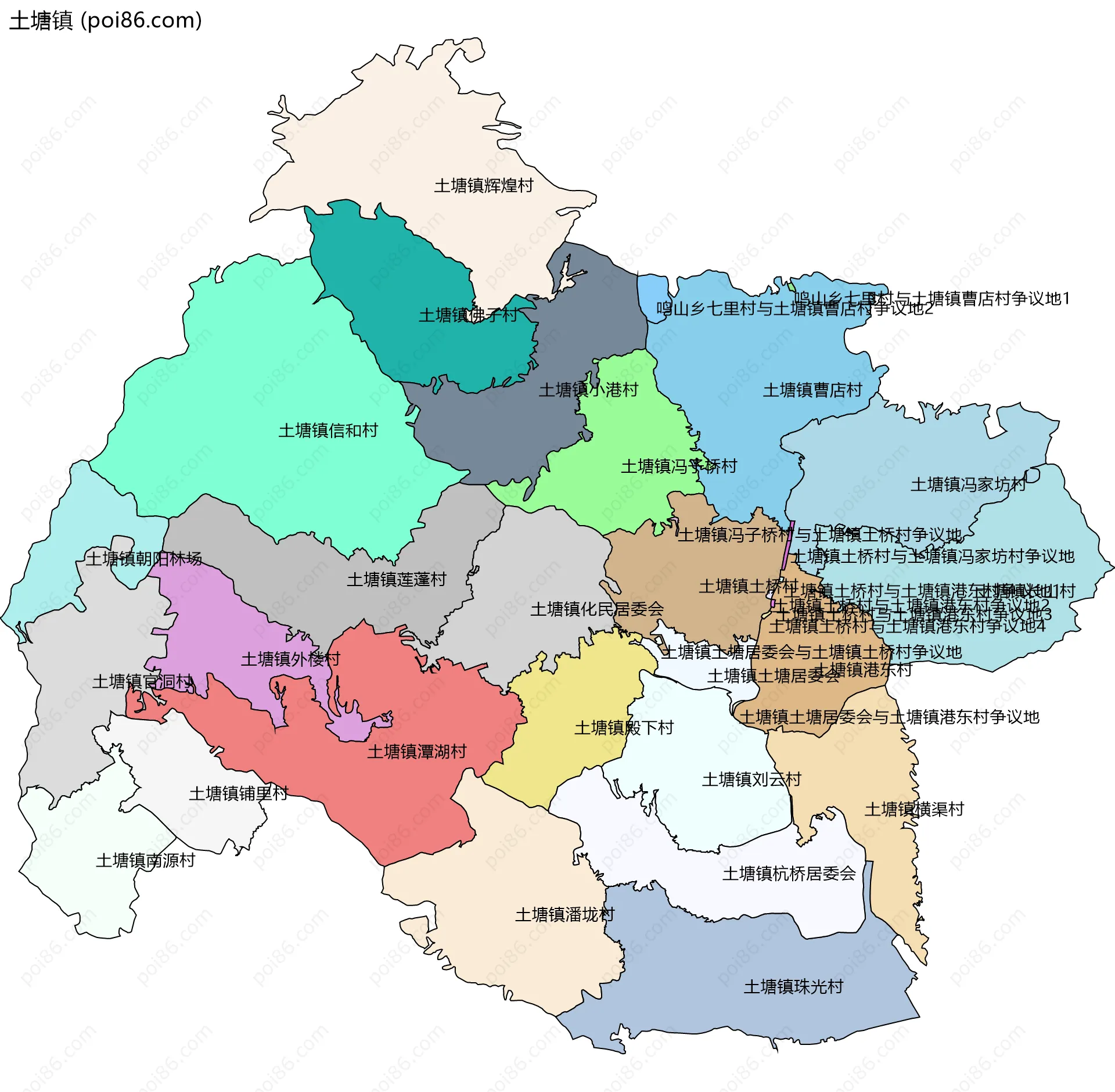 土塘镇边界地图(五级行政区划)