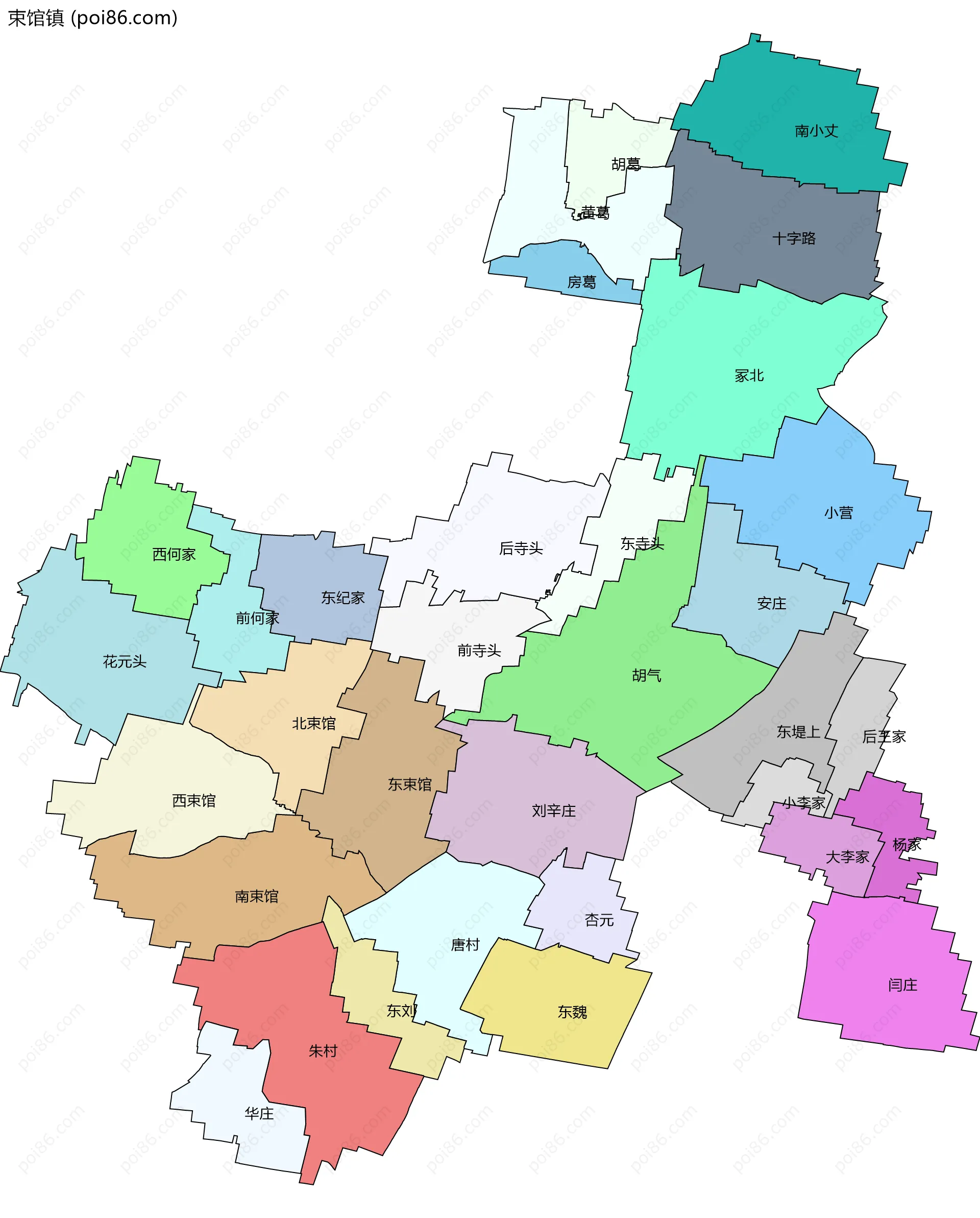 束馆镇边界地图(五级行政区划)