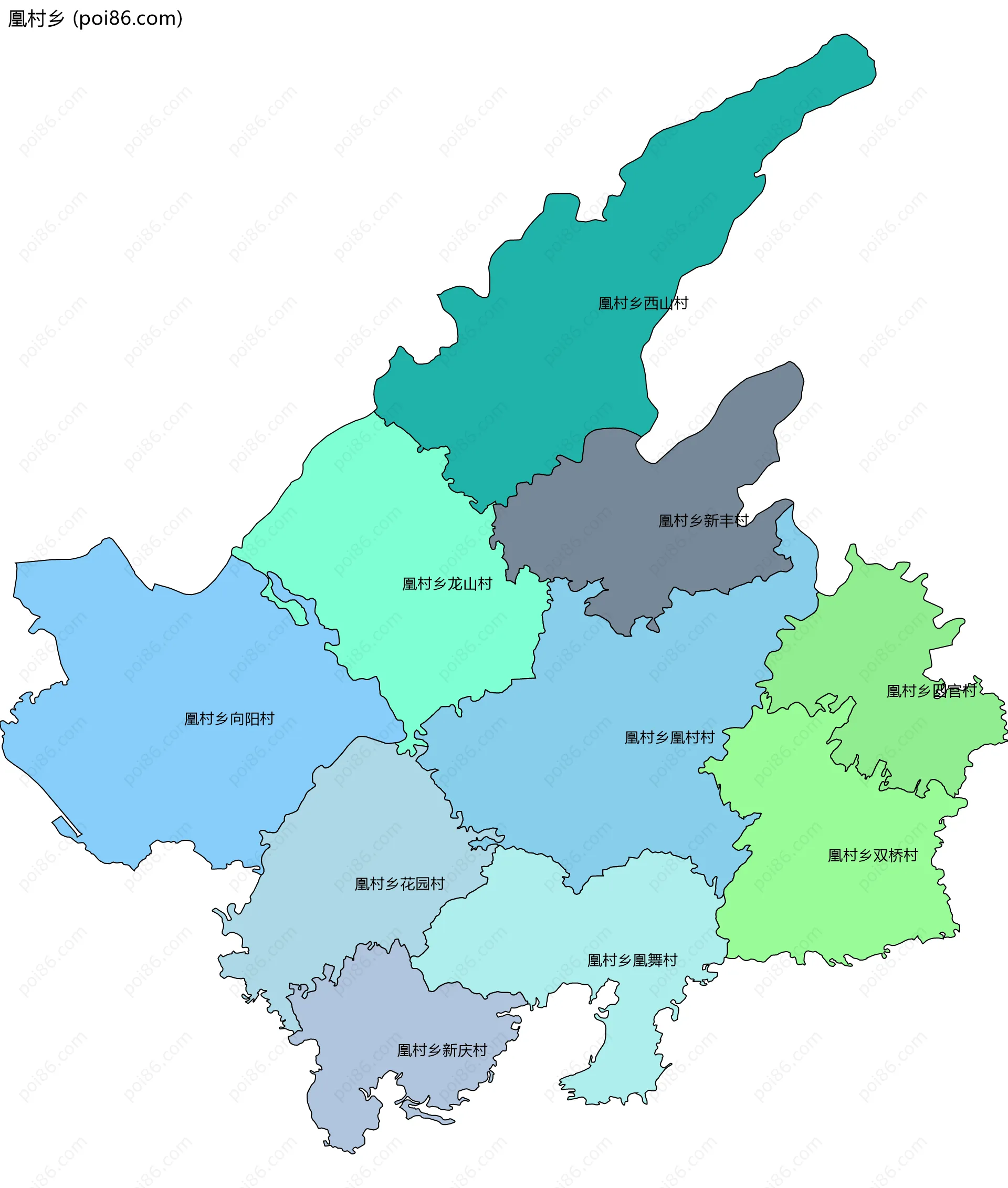 凰村乡边界地图(五级行政区划)