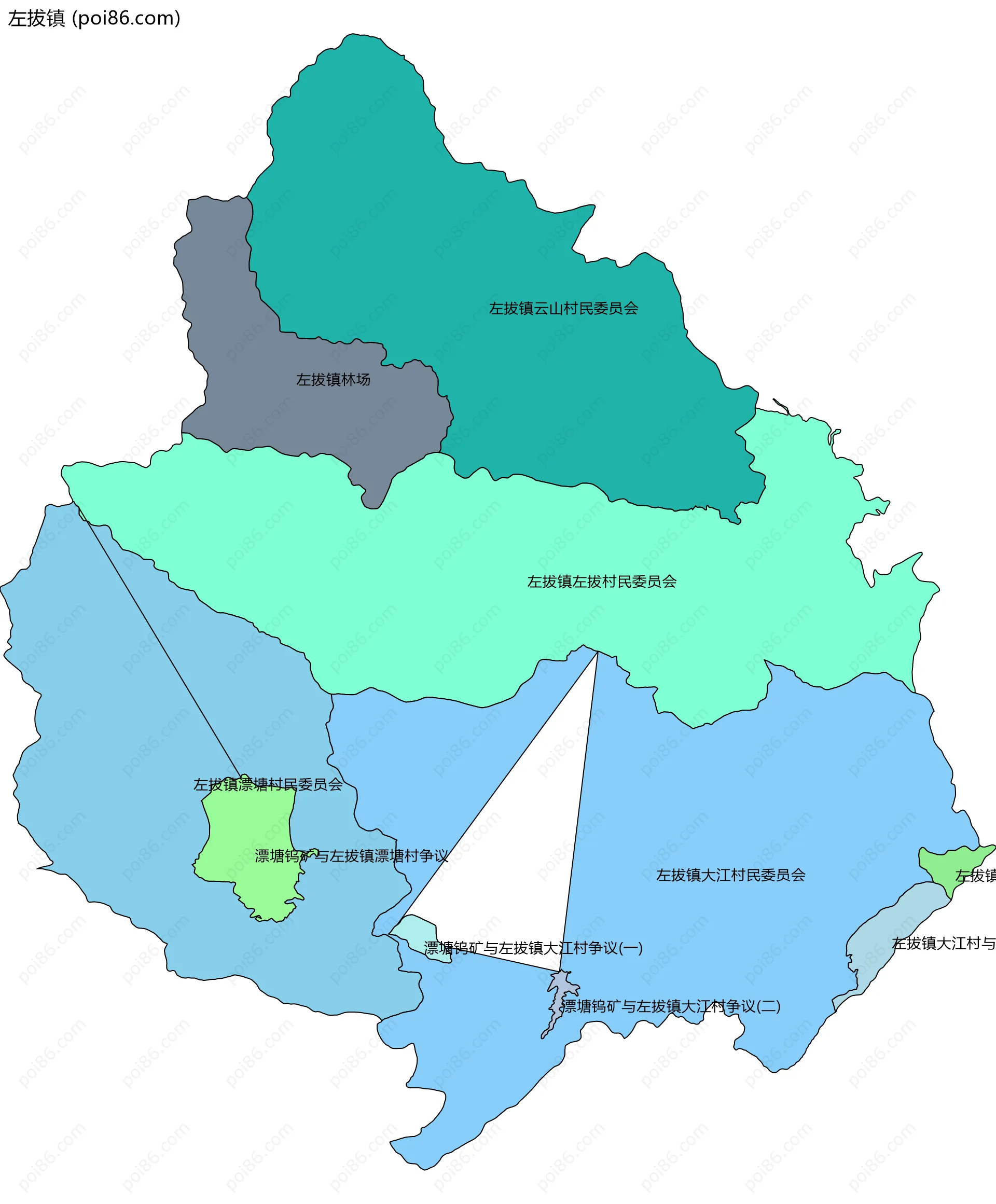 左拔镇边界地图(五级行政区划)