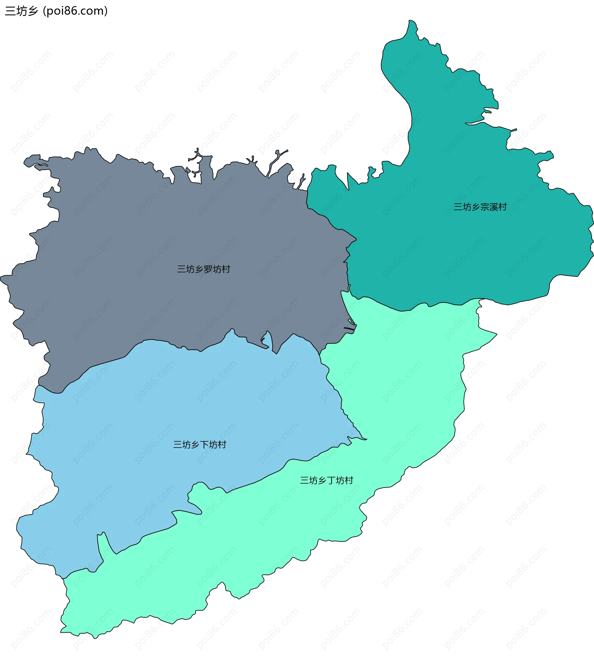 三坊乡边界地图(五级行政区划)