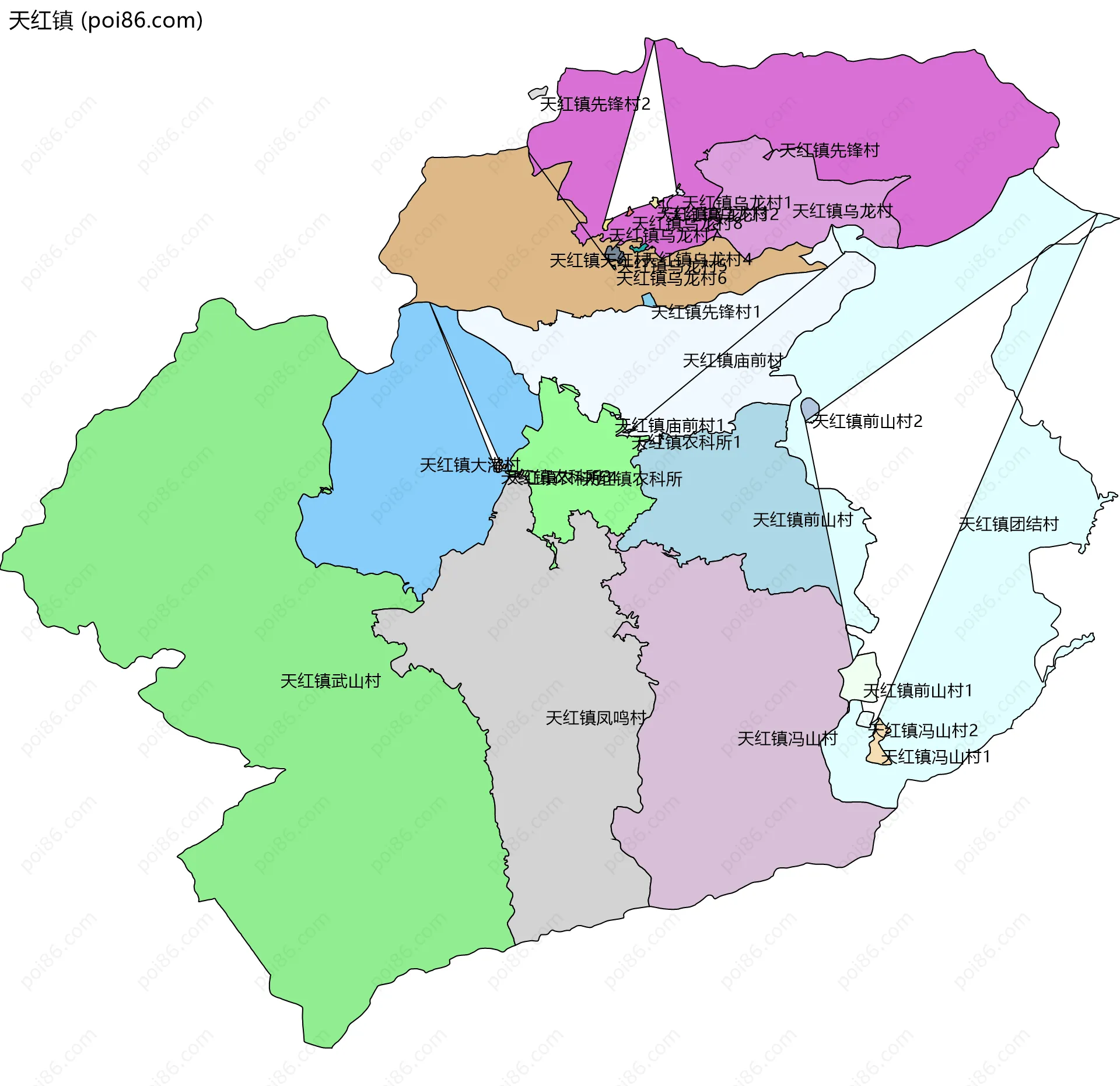 天红镇边界地图(五级行政区划)