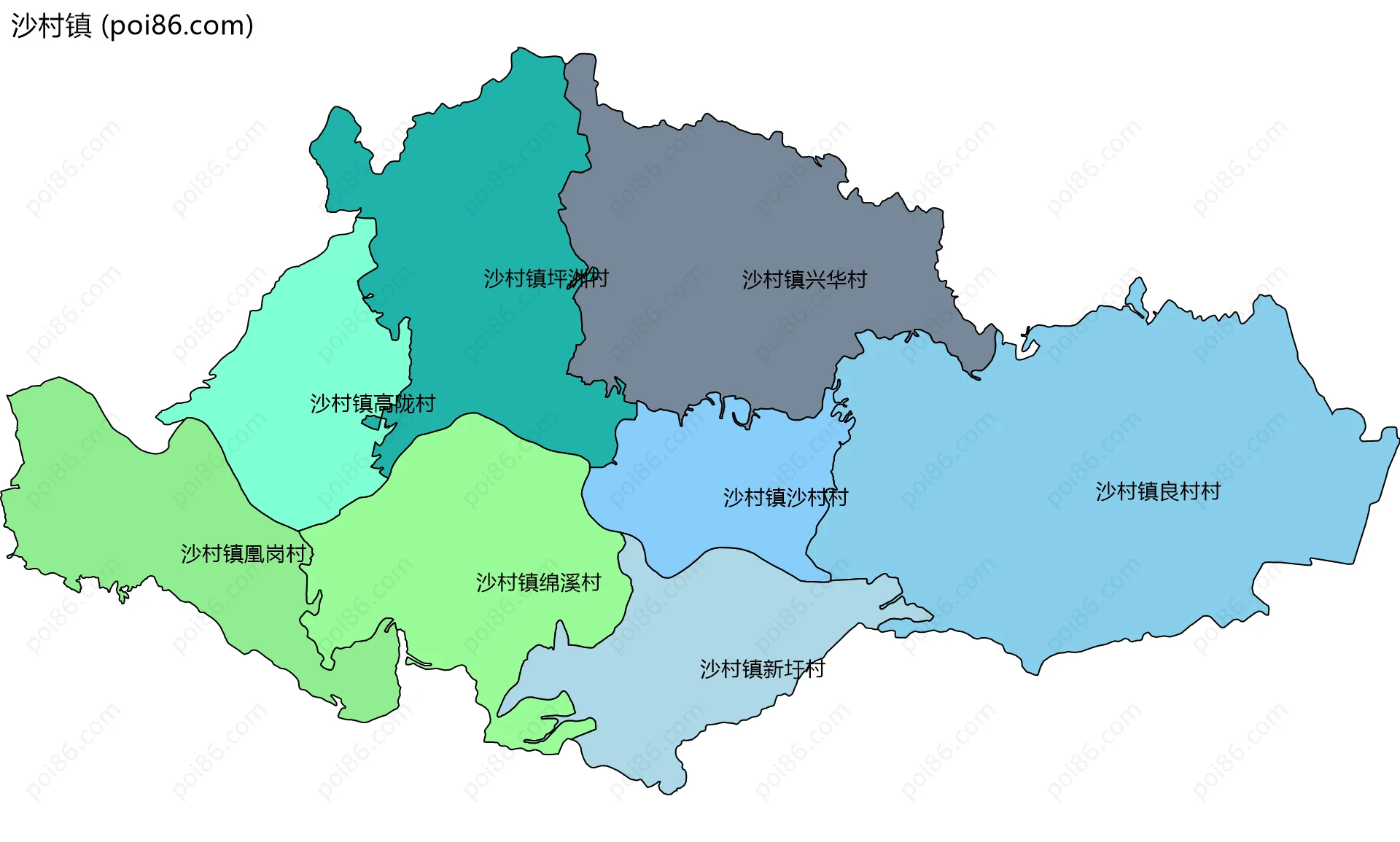 沙村镇边界地图(五级行政区划)