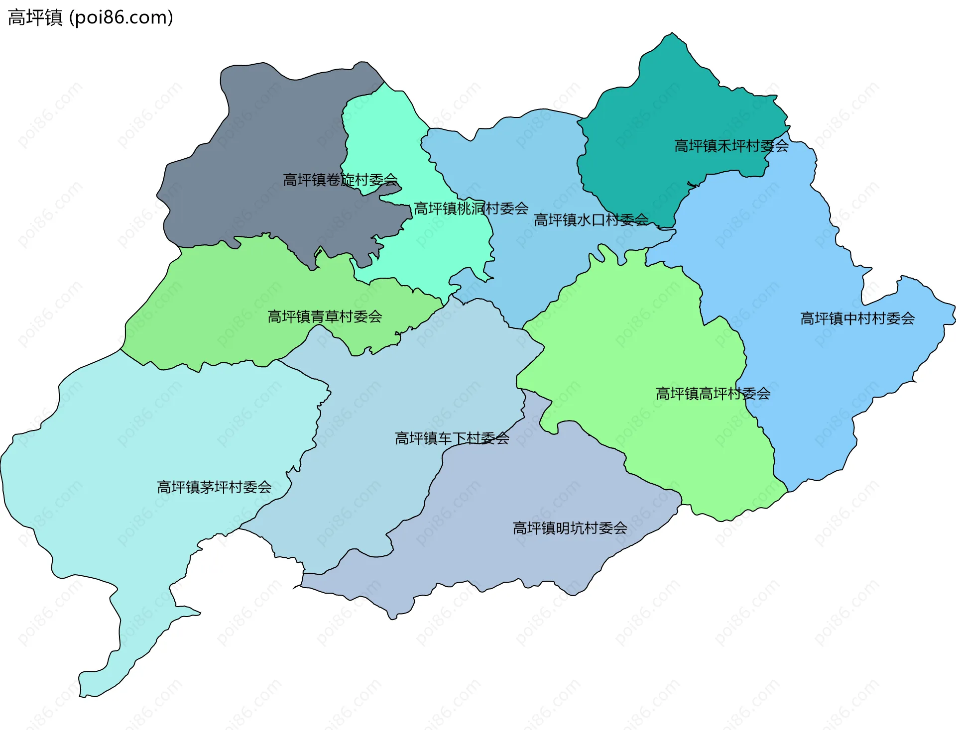 高坪镇边界地图(五级行政区划)