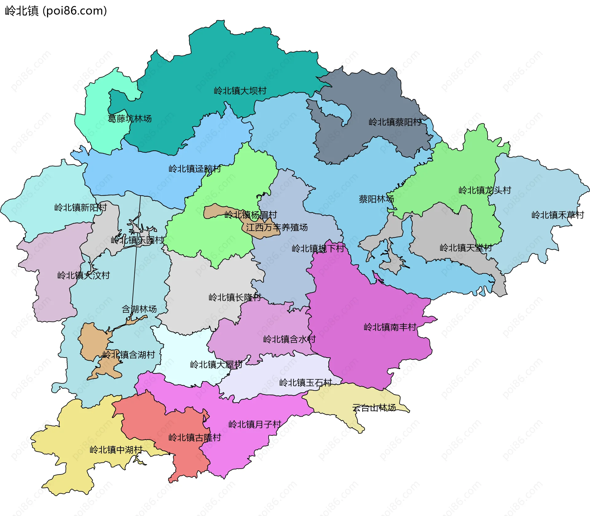 岭北镇边界地图(五级行政区划)