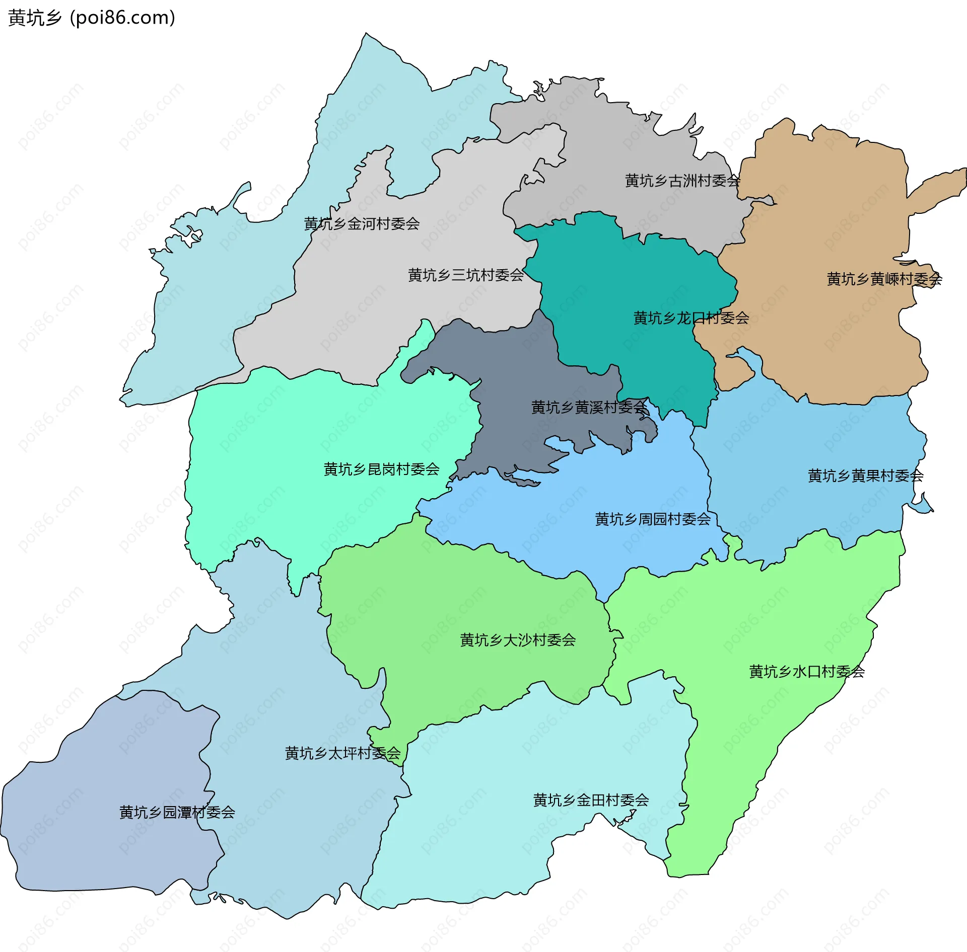 黄坑乡边界地图(五级行政区划)