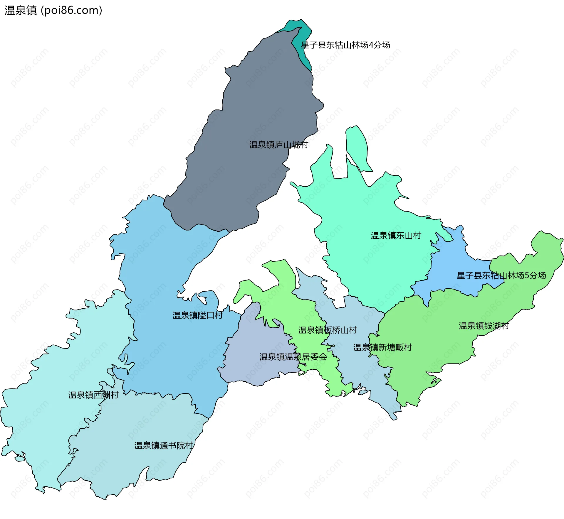 温泉镇边界地图(五级行政区划)