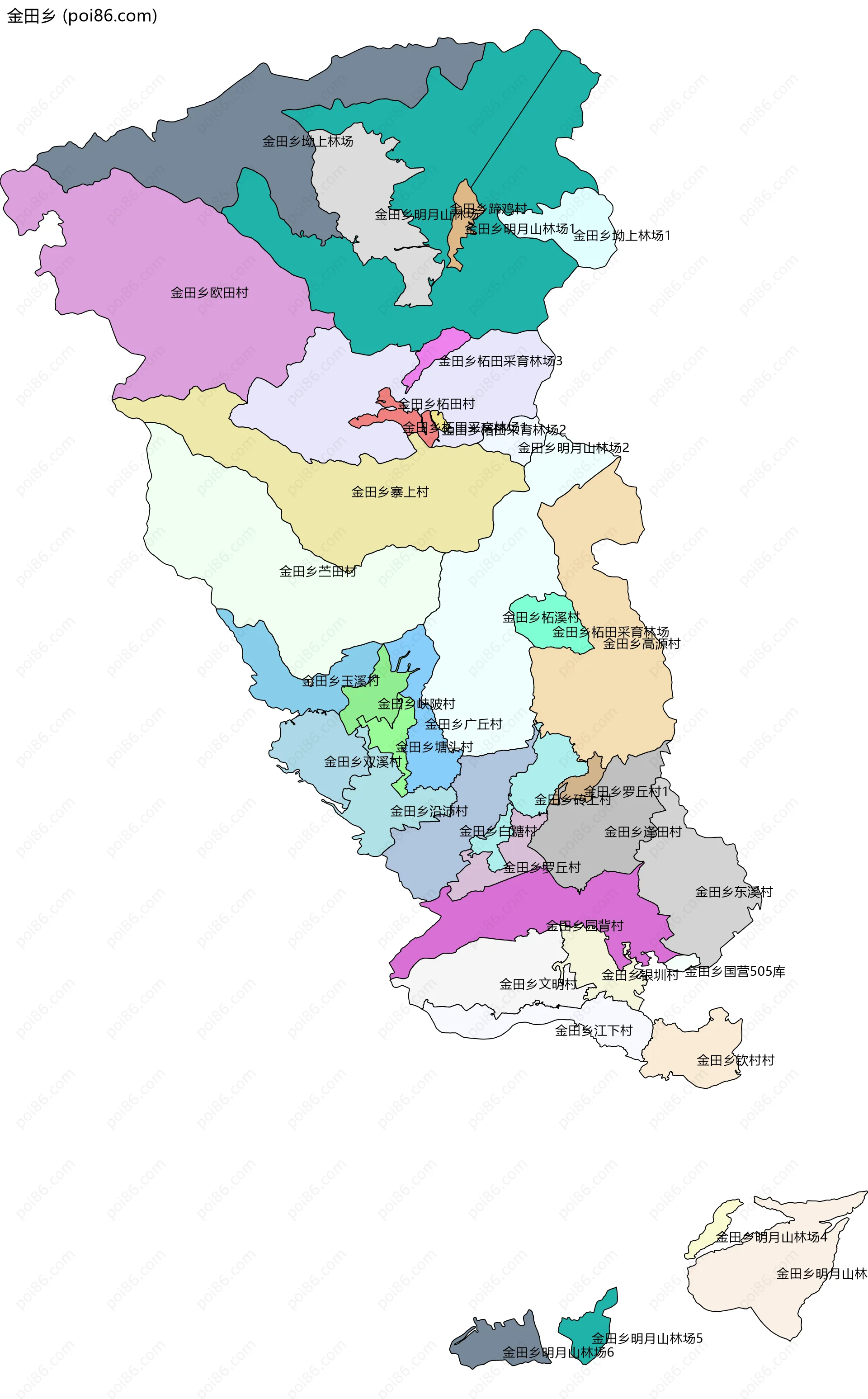 金田乡边界地图(五级行政区划)