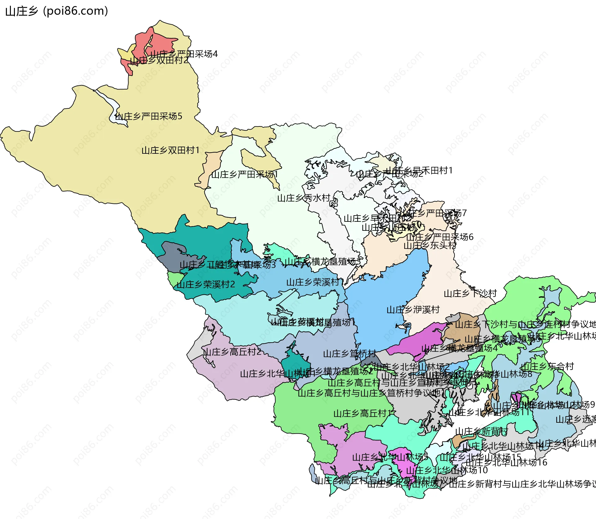 山庄乡边界地图(五级行政区划)