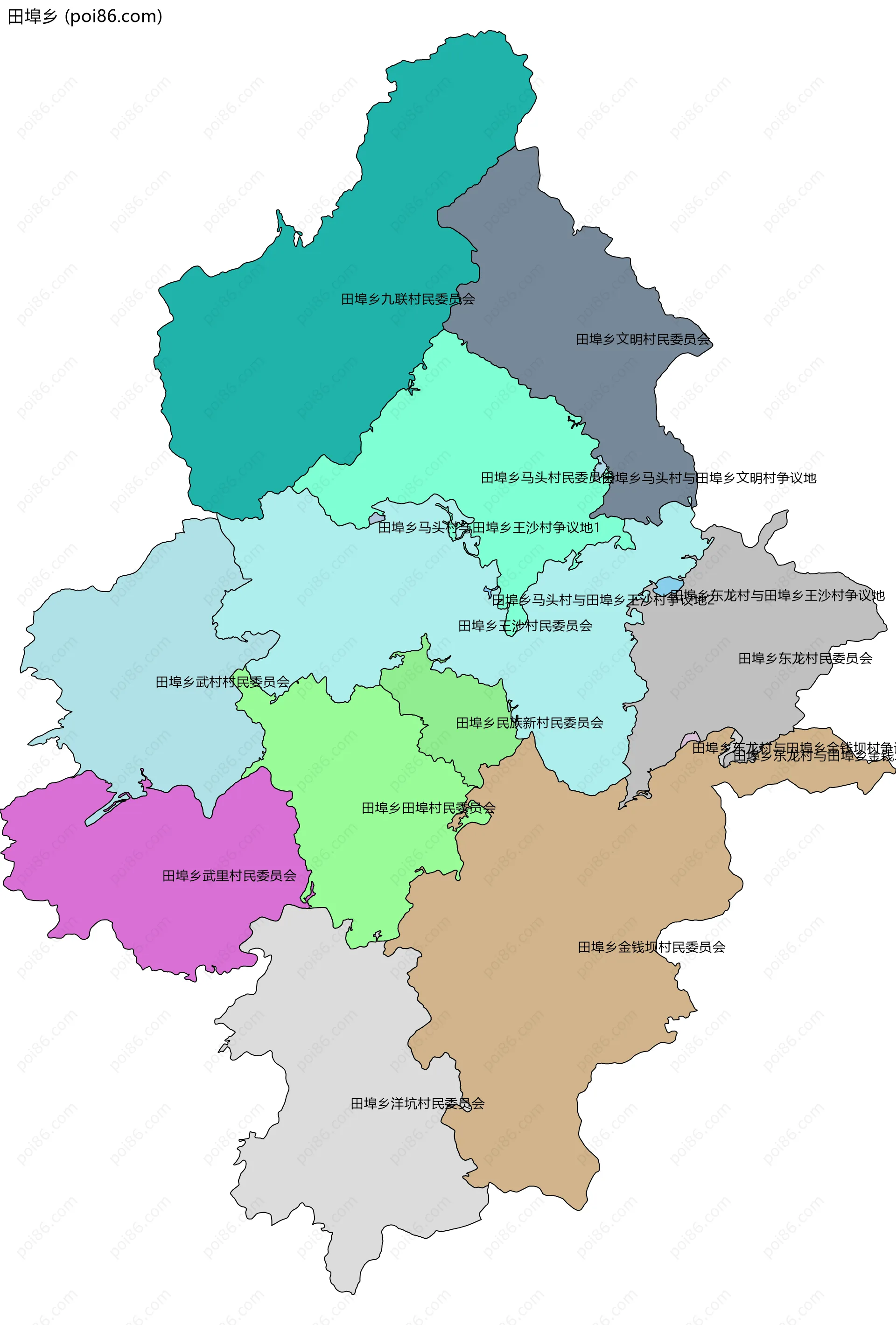 田埠乡边界地图(五级行政区划)