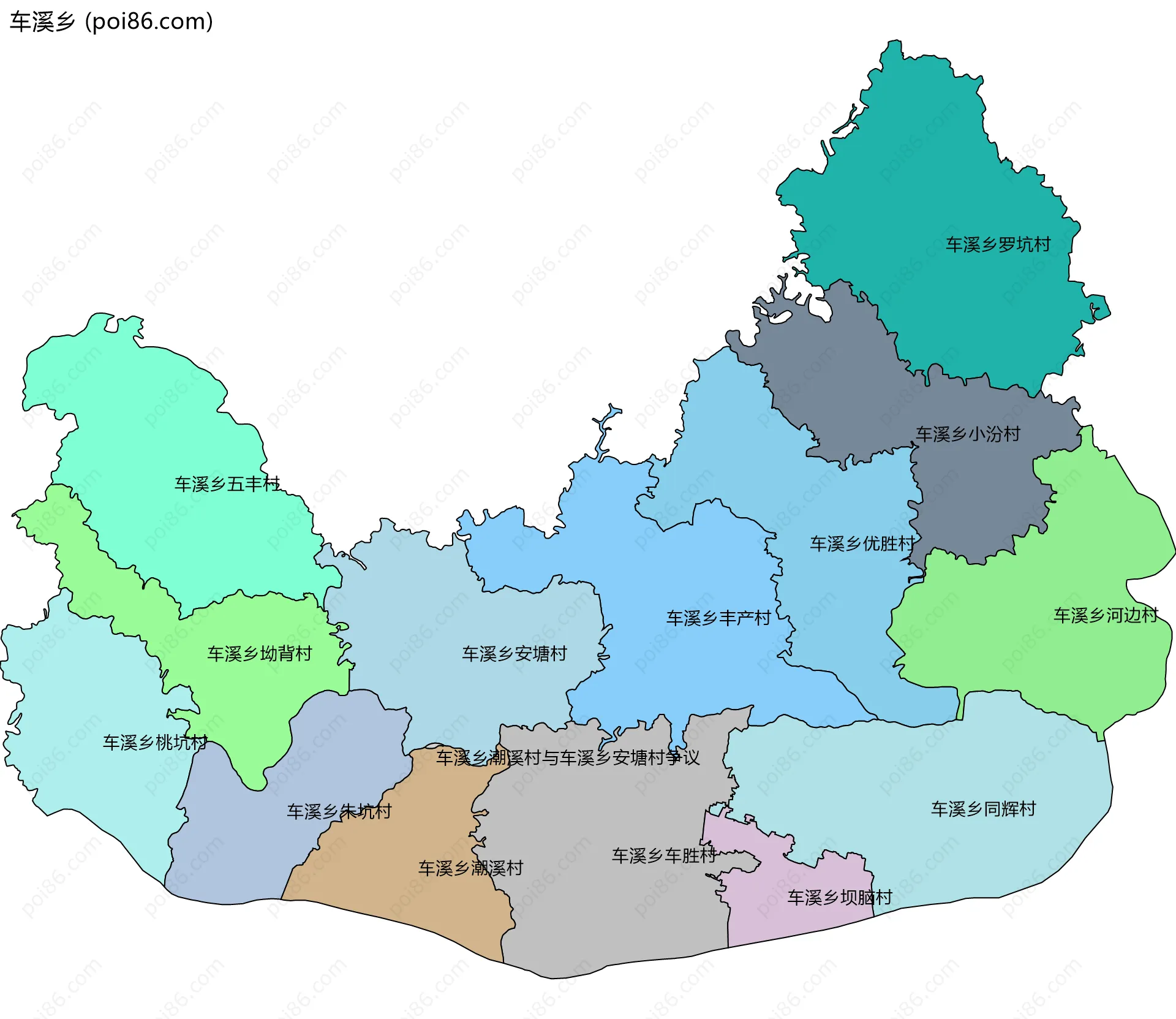 车溪乡边界地图(五级行政区划)