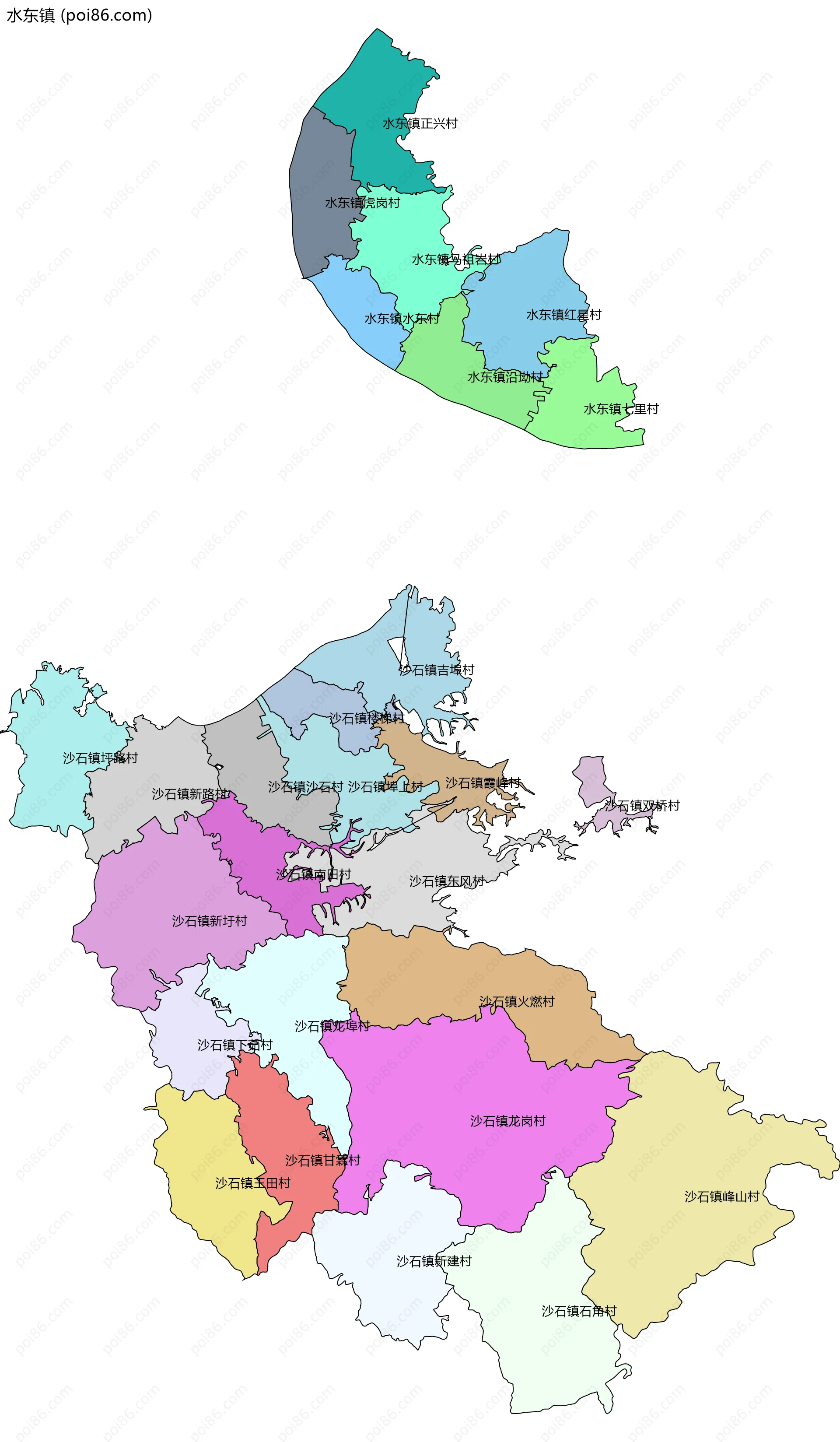 水东镇边界地图(五级行政区划)