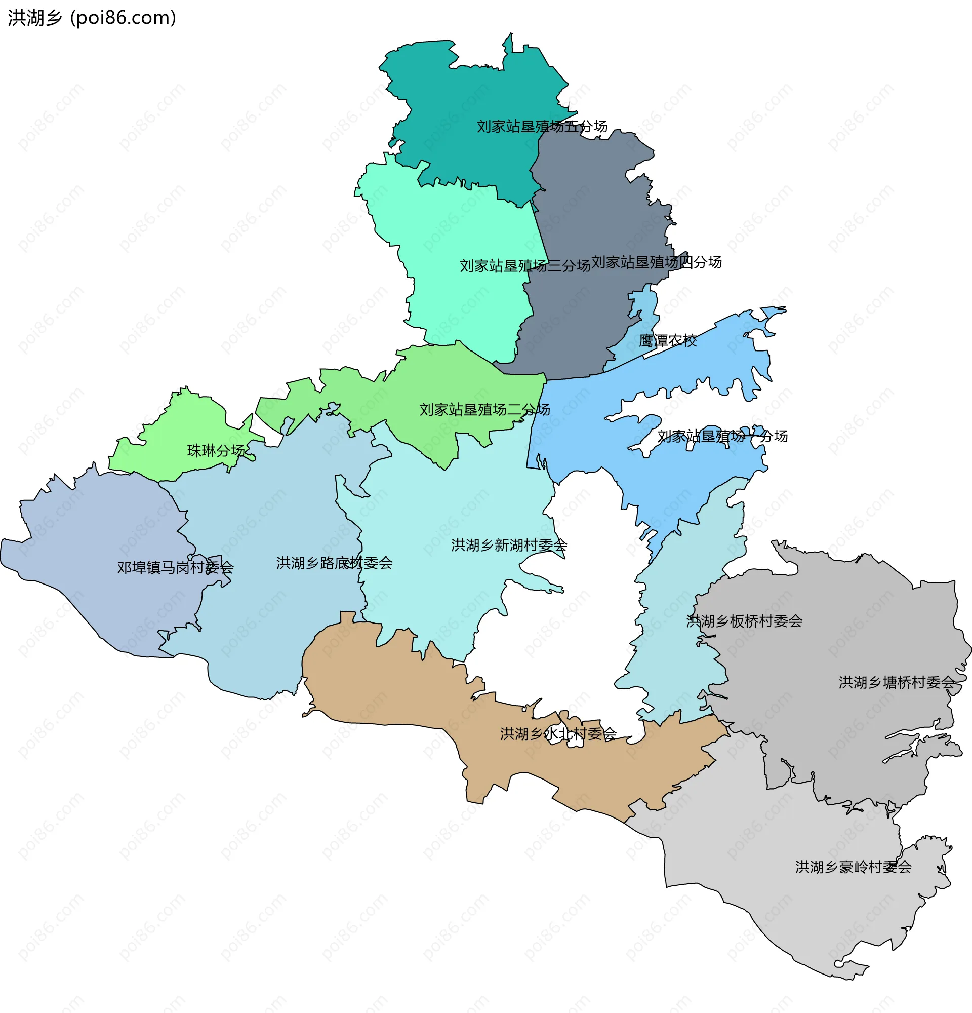洪湖乡边界地图(五级行政区划)