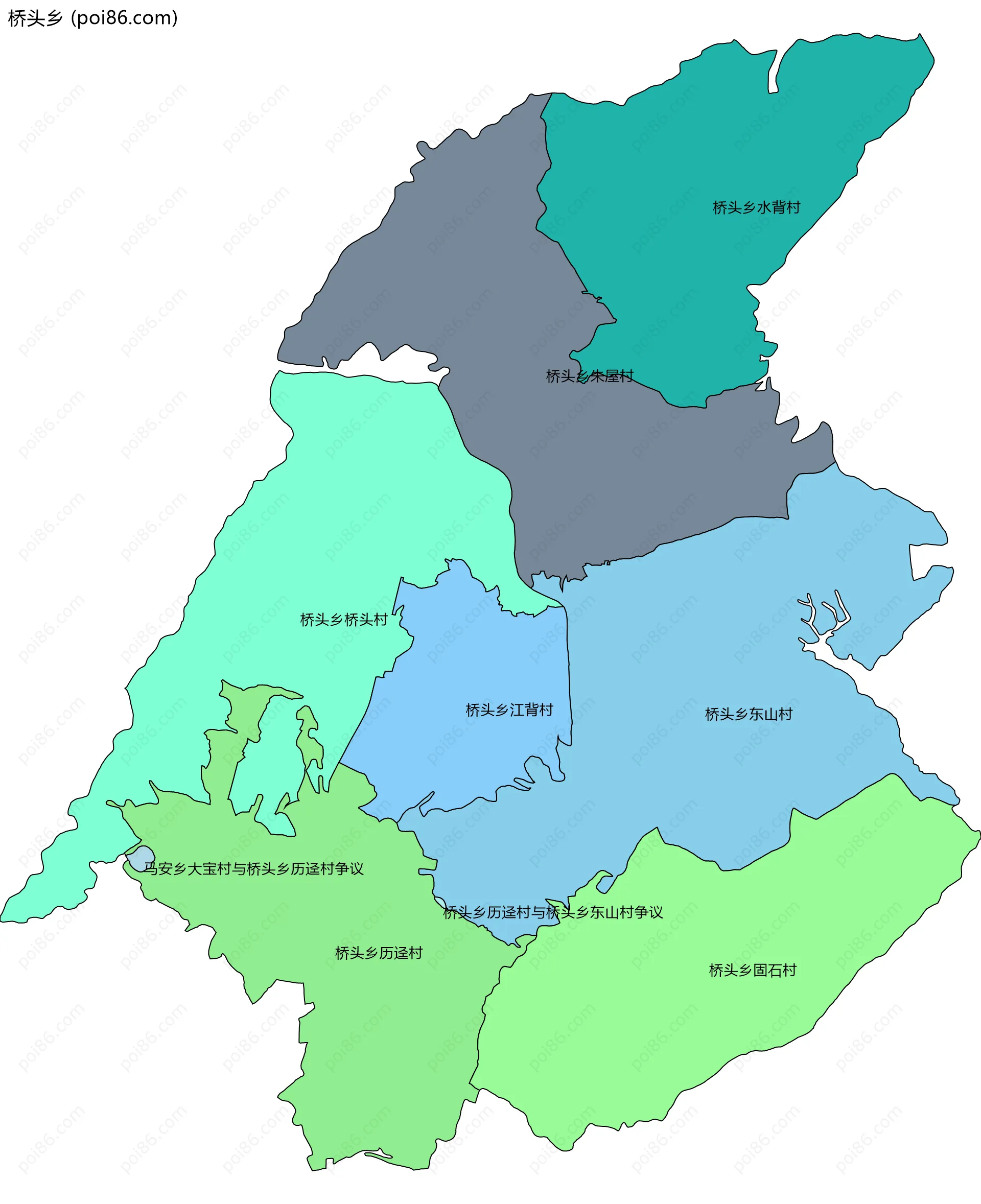 桥头乡边界地图(五级行政区划)