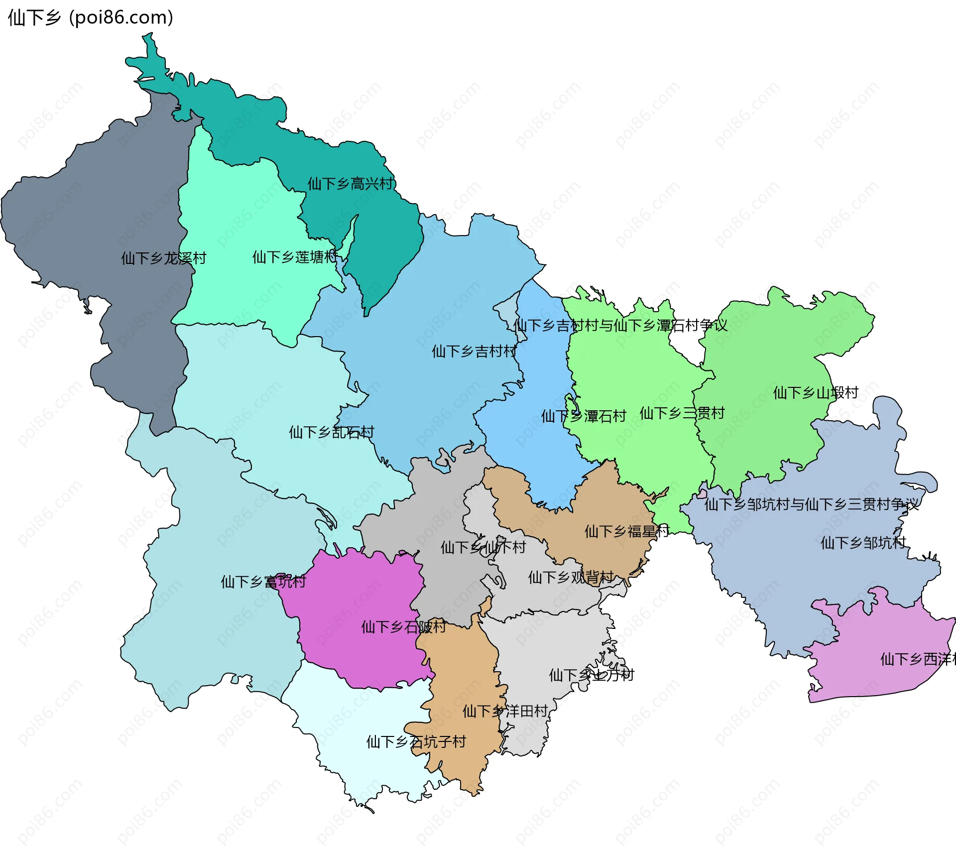 仙下乡边界地图(五级行政区划)