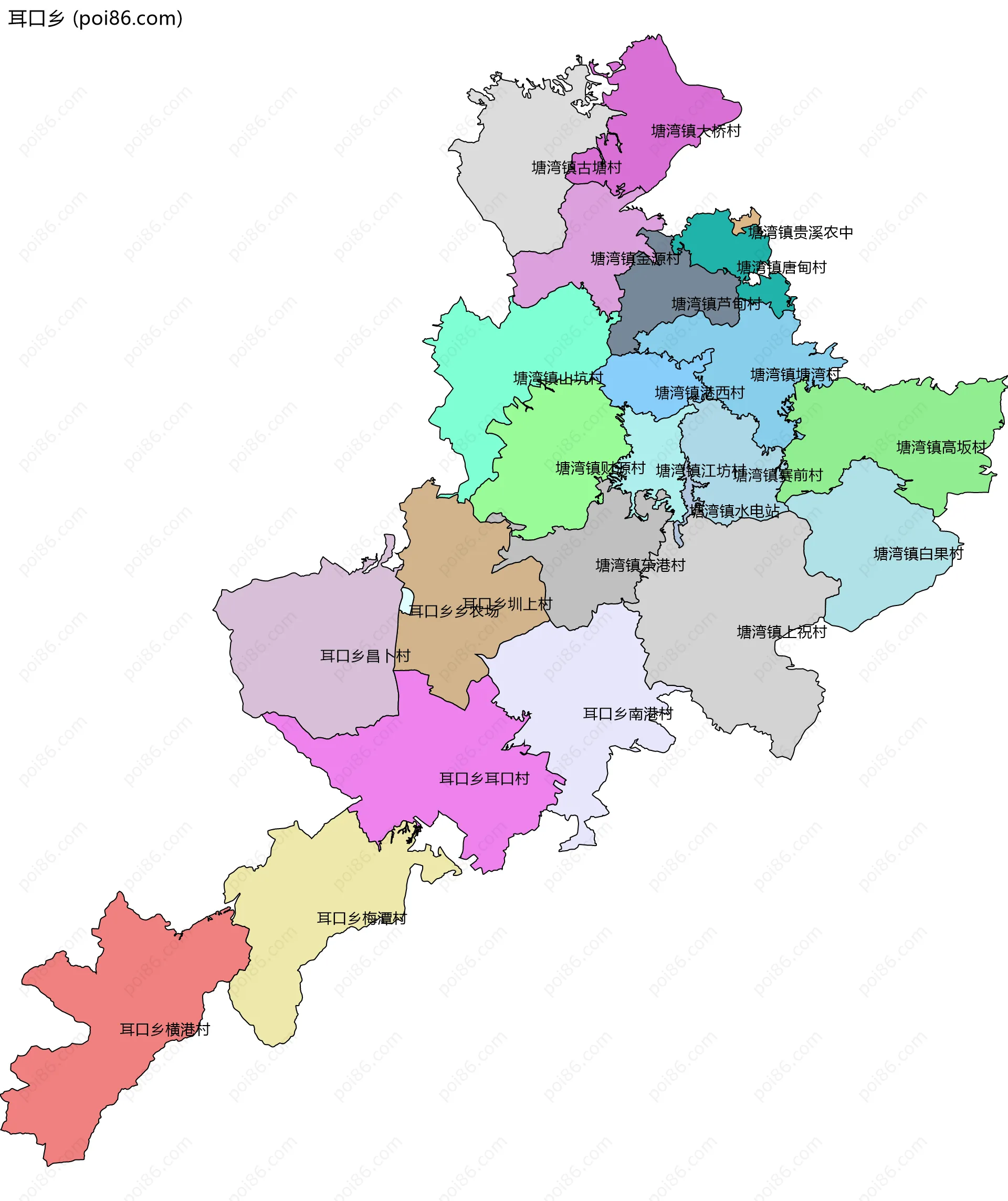 耳口乡边界地图(五级行政区划)