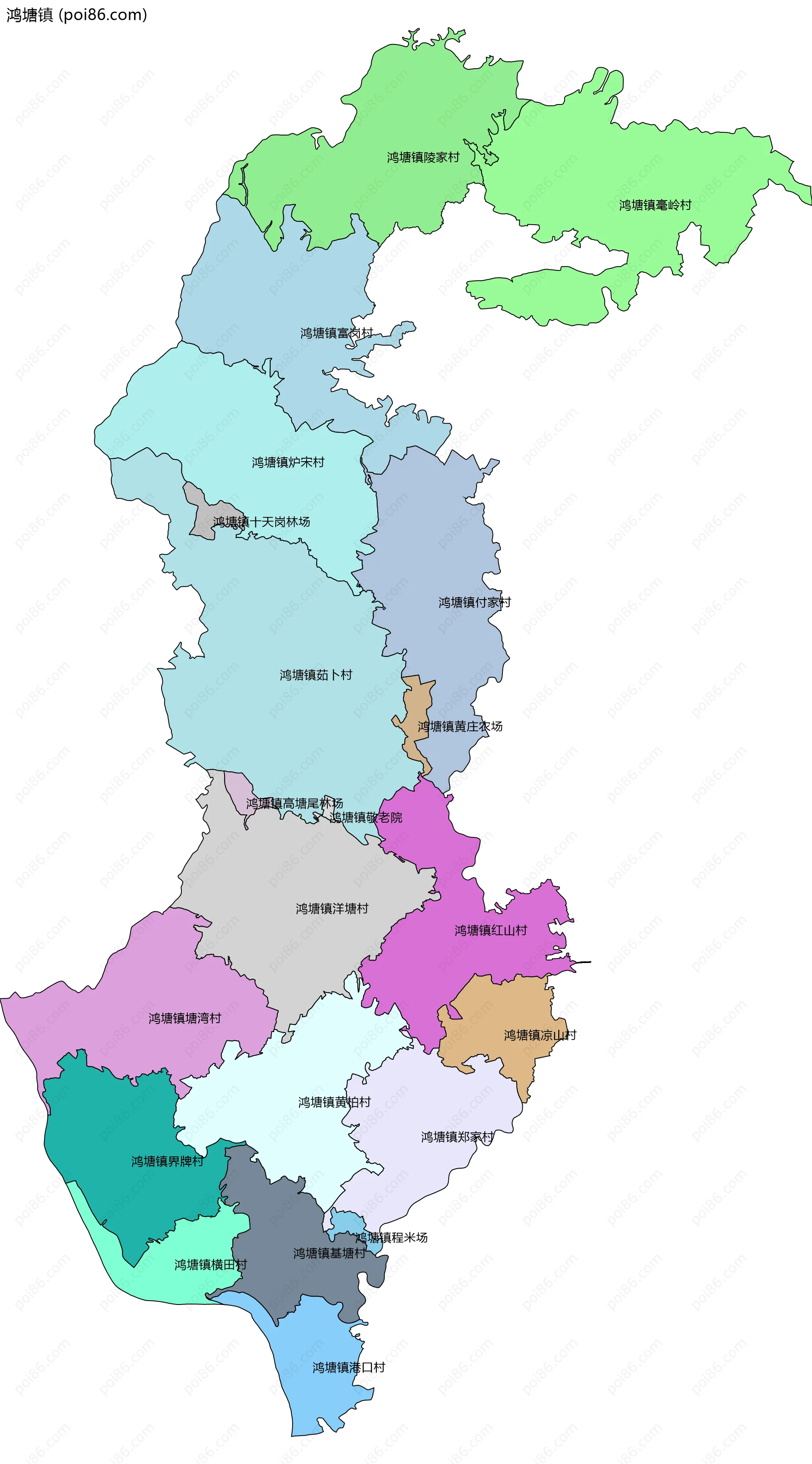 鸿塘镇边界地图(五级行政区划)