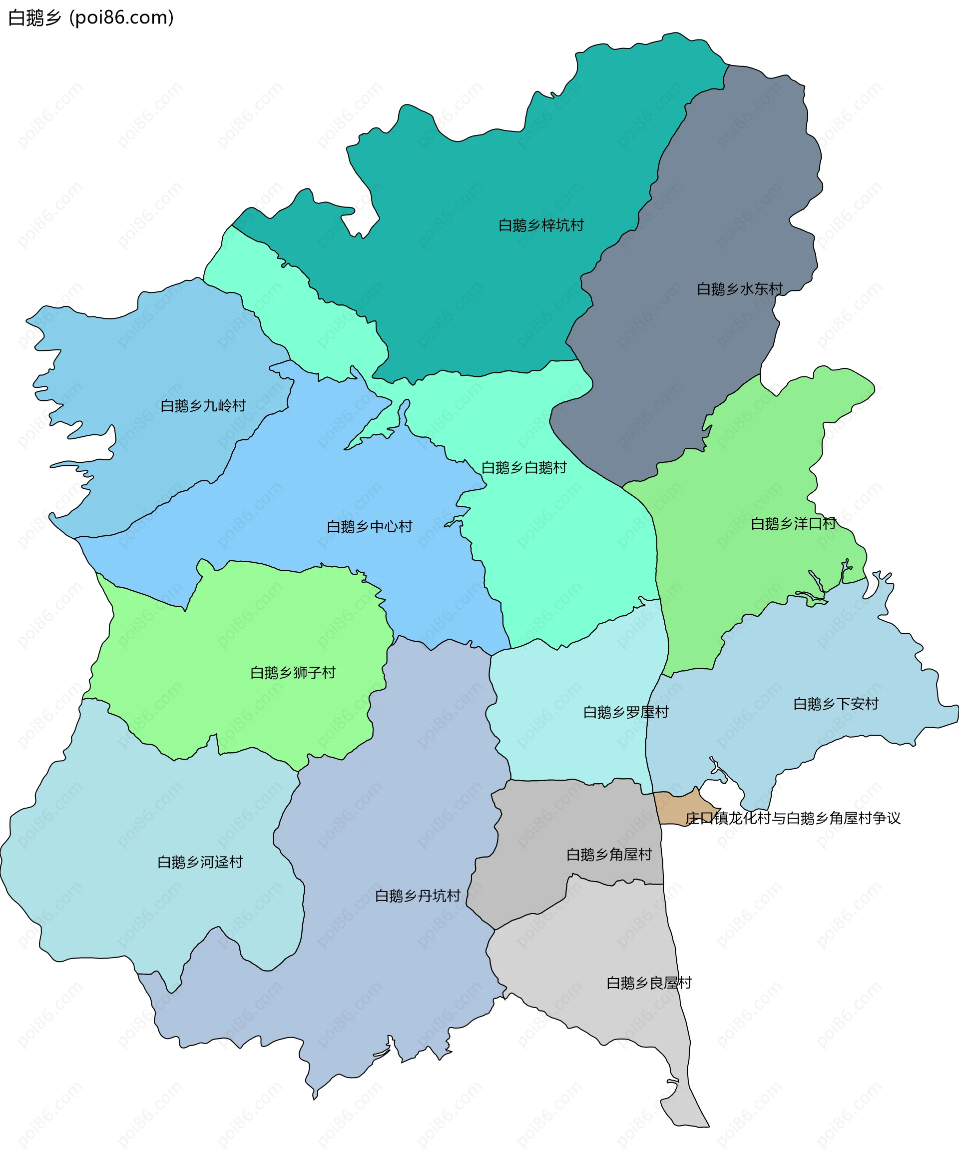 白鹅乡边界地图(五级行政区划)