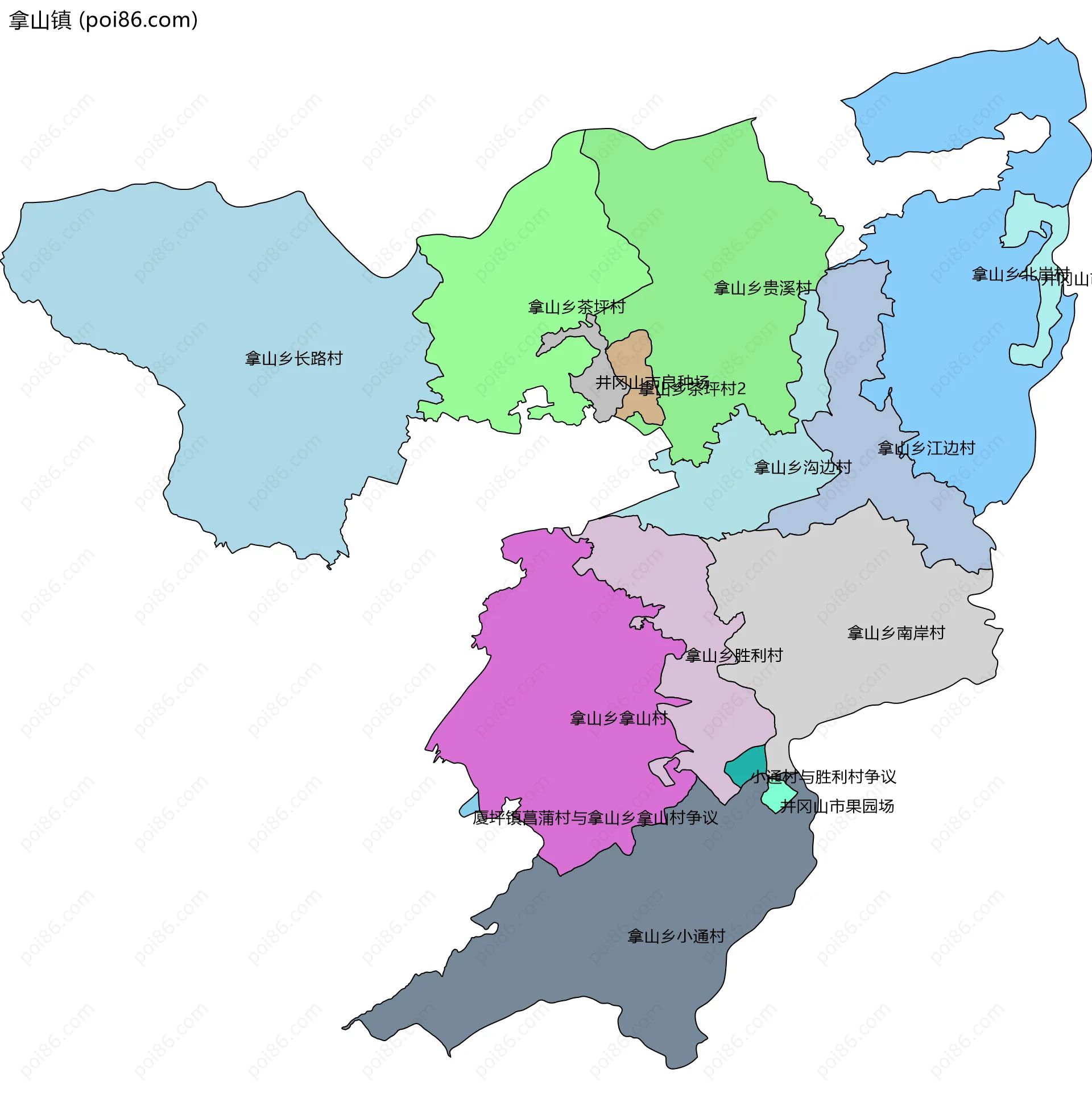 拿山镇边界地图(五级行政区划)
