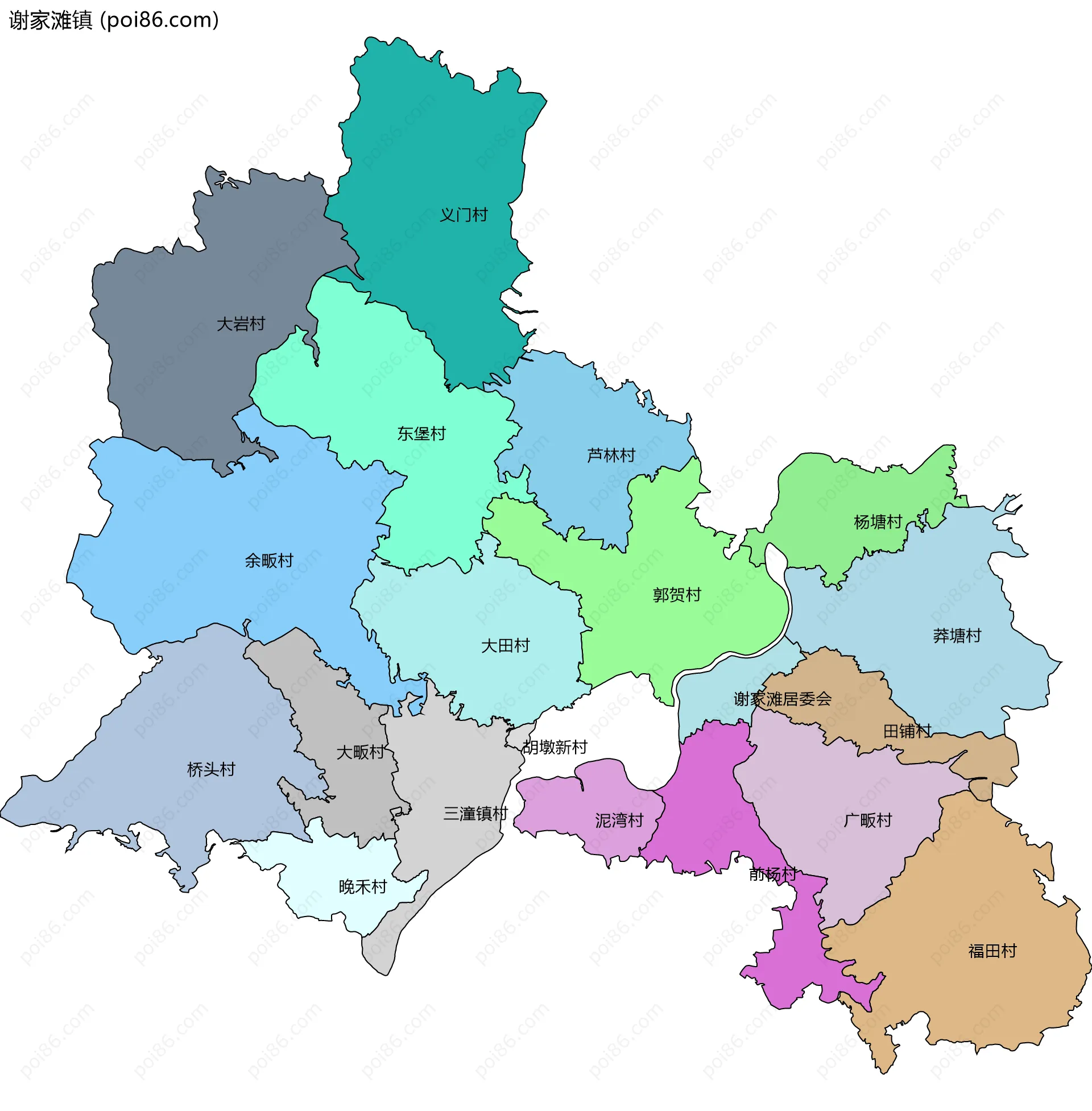 谢家滩镇边界地图(五级行政区划)