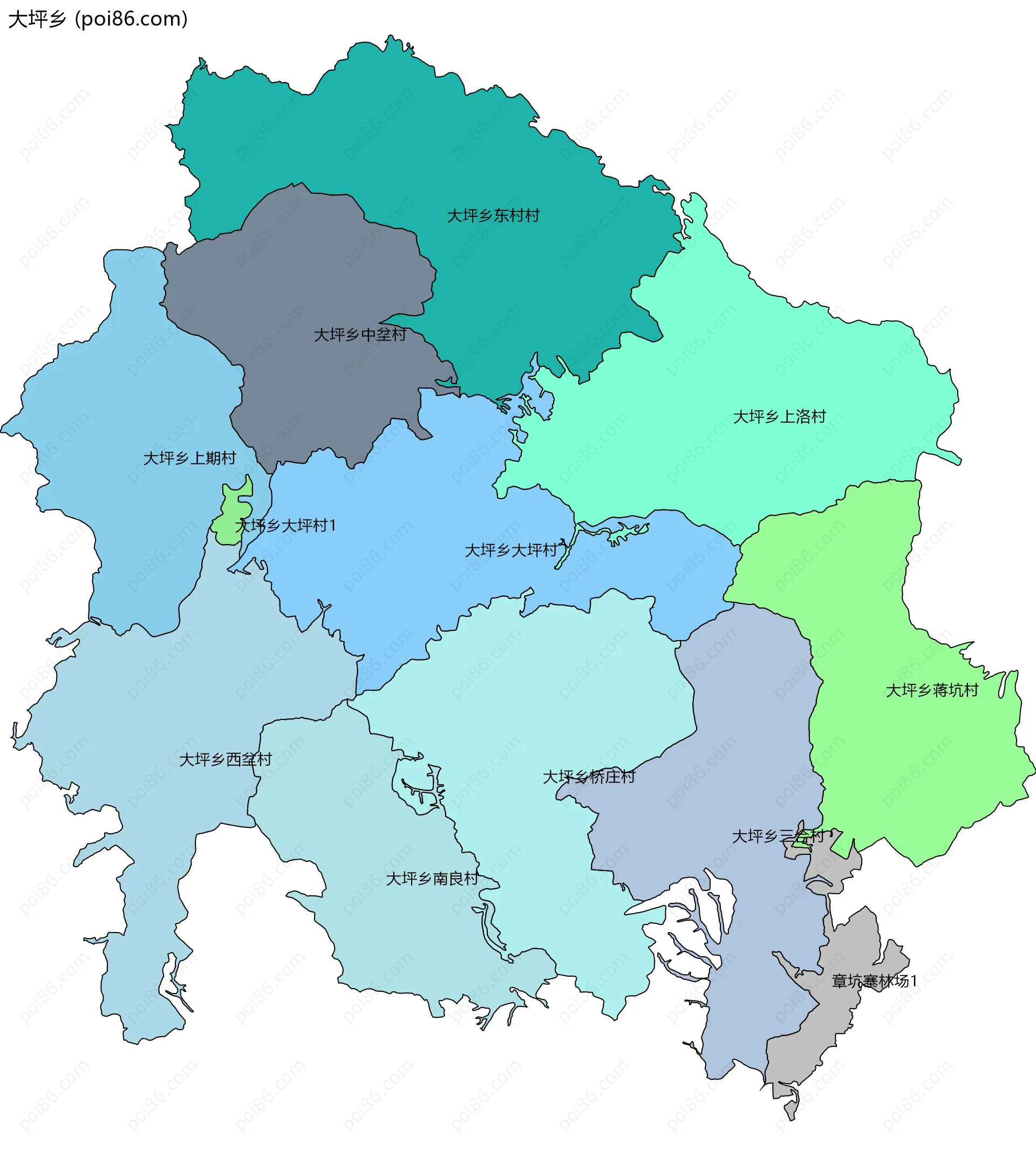 大坪乡边界地图(五级行政区划)