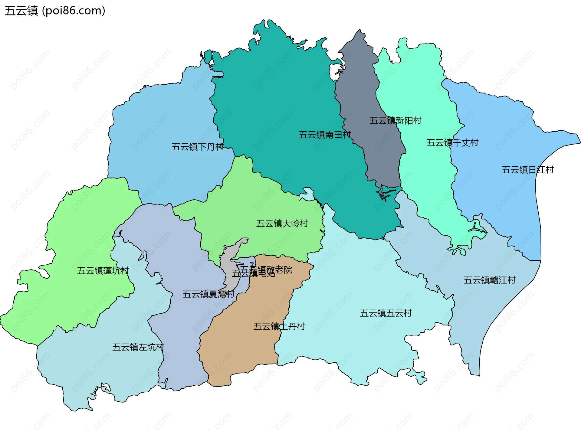 五云镇边界地图(五级行政区划)