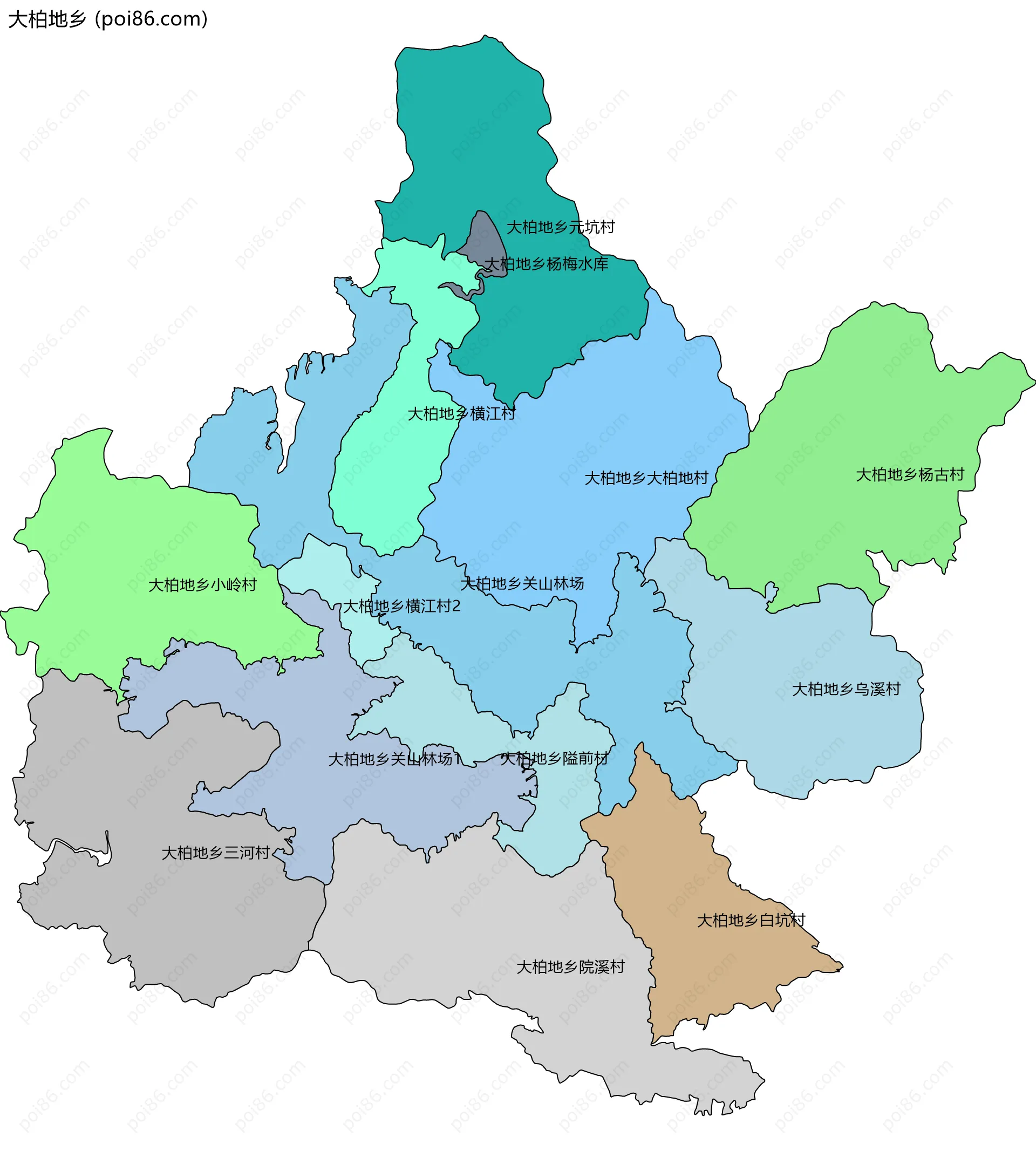 大柏地乡边界地图(五级行政区划)