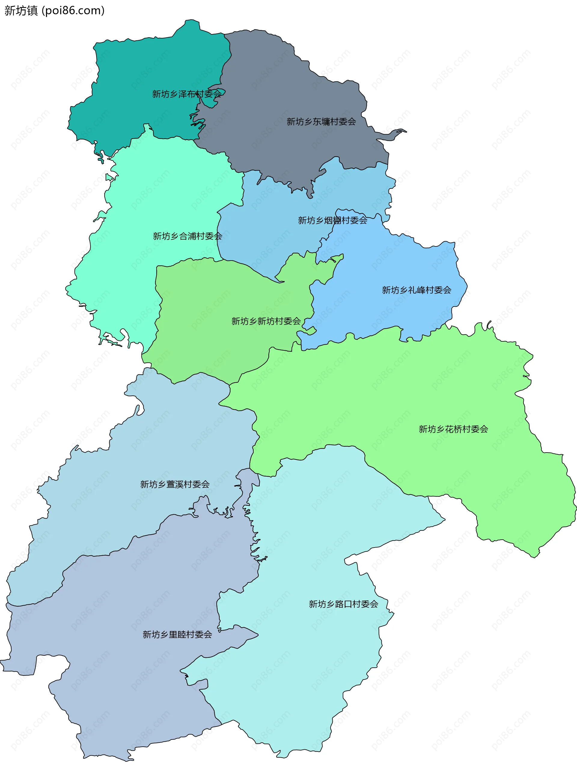 新坊镇边界地图(五级行政区划)