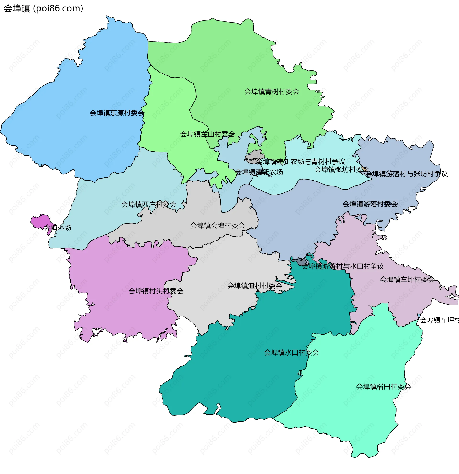 会埠镇边界地图(五级行政区划)