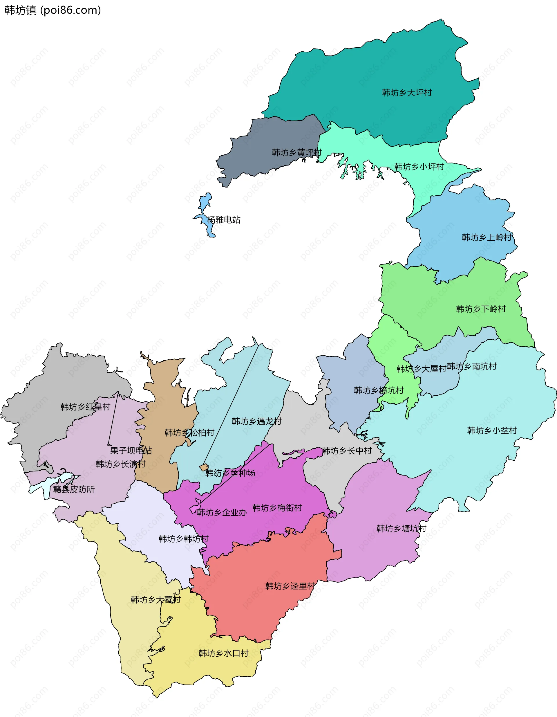 韩坊镇边界地图(五级行政区划)