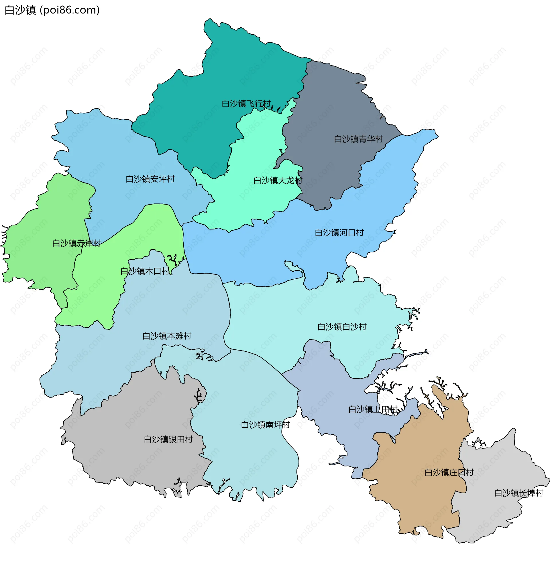 白沙镇边界地图(五级行政区划)