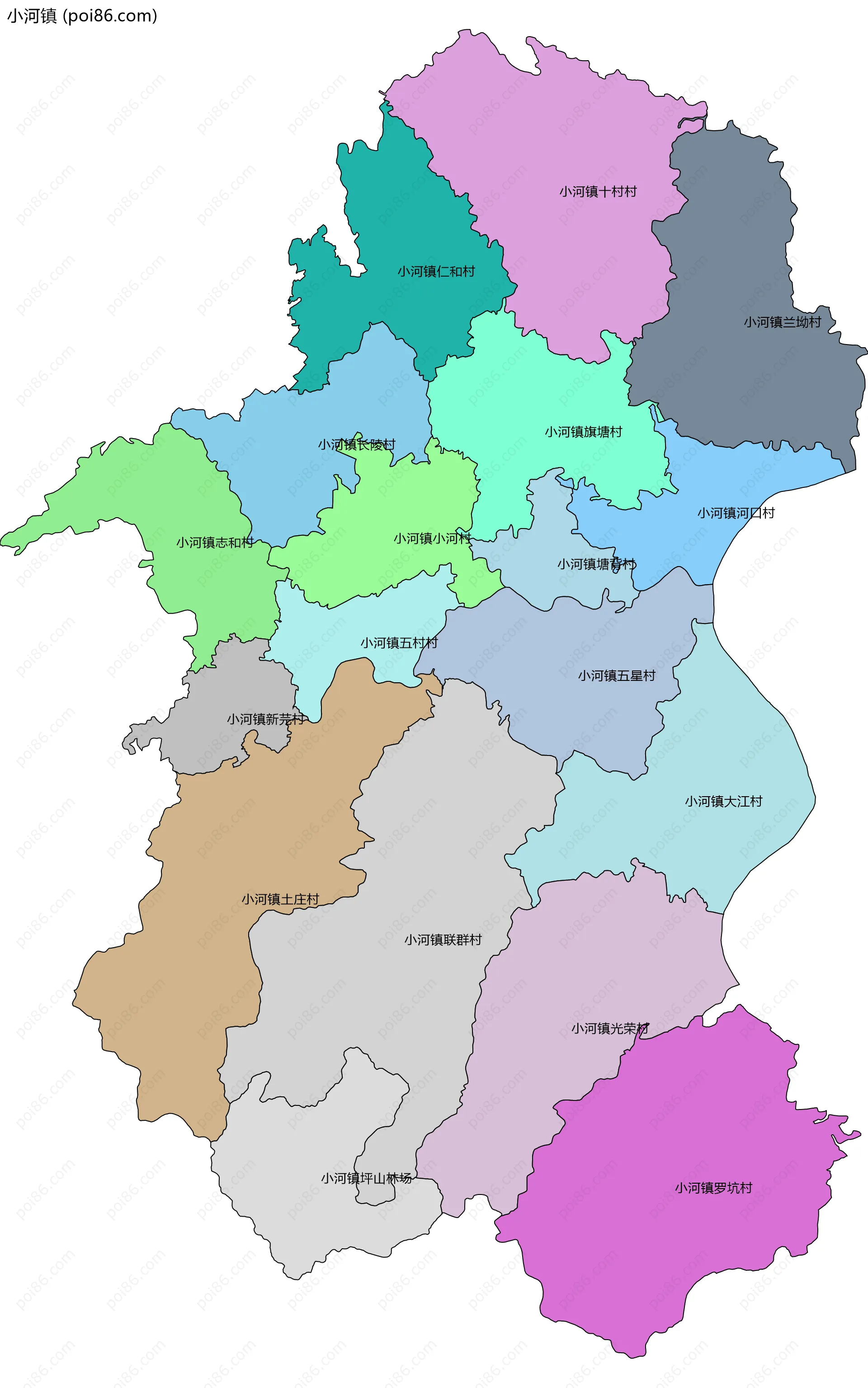 小河镇边界地图(五级行政区划)