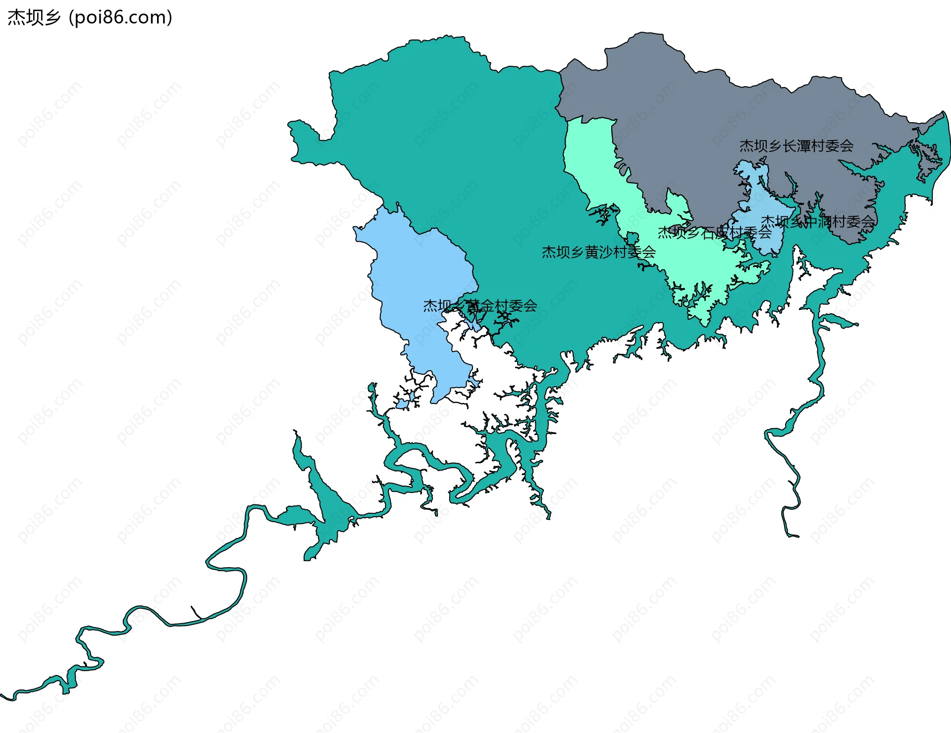 杰坝乡边界地图(五级行政区划)