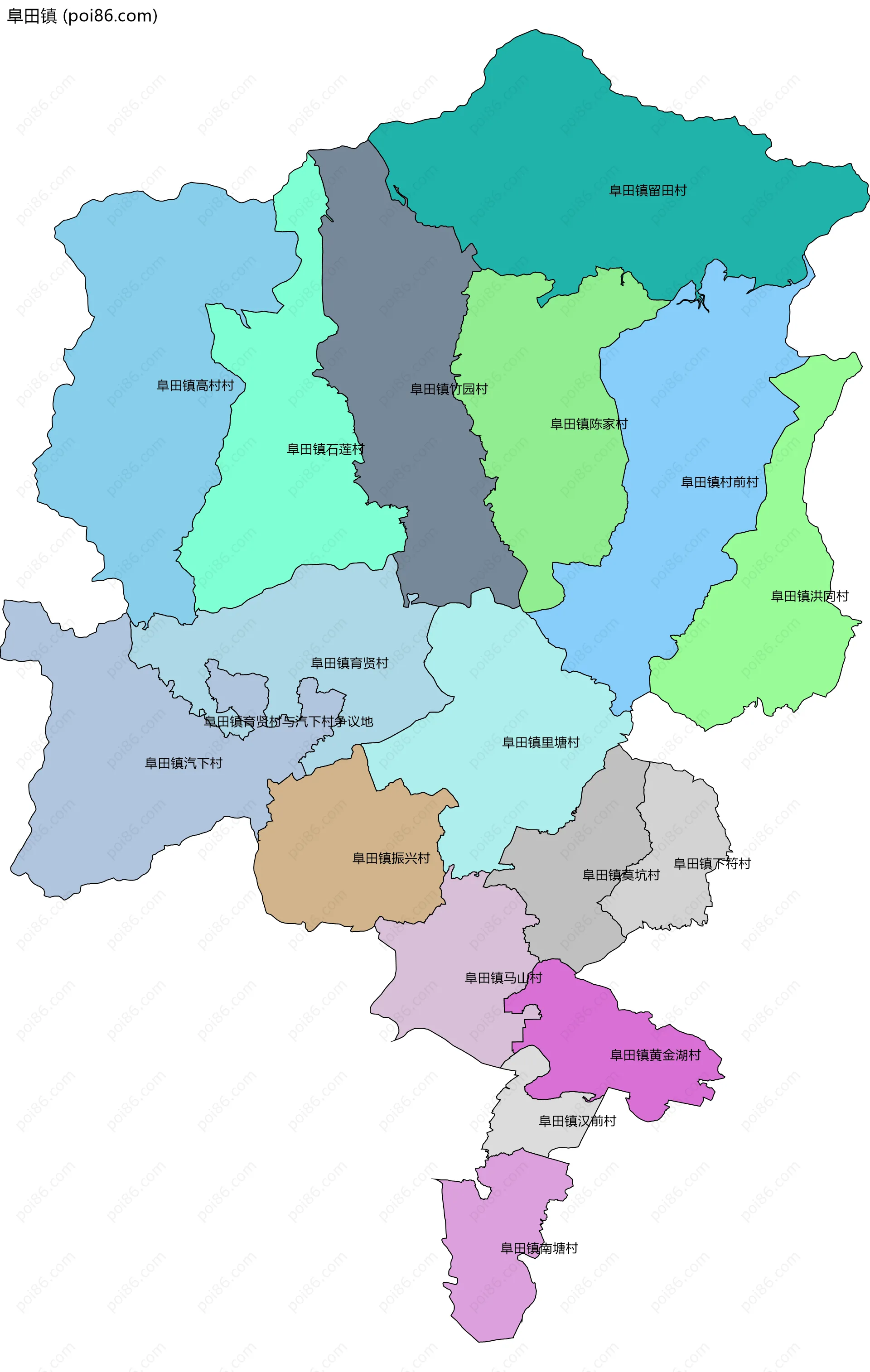 阜田镇边界地图(五级行政区划)