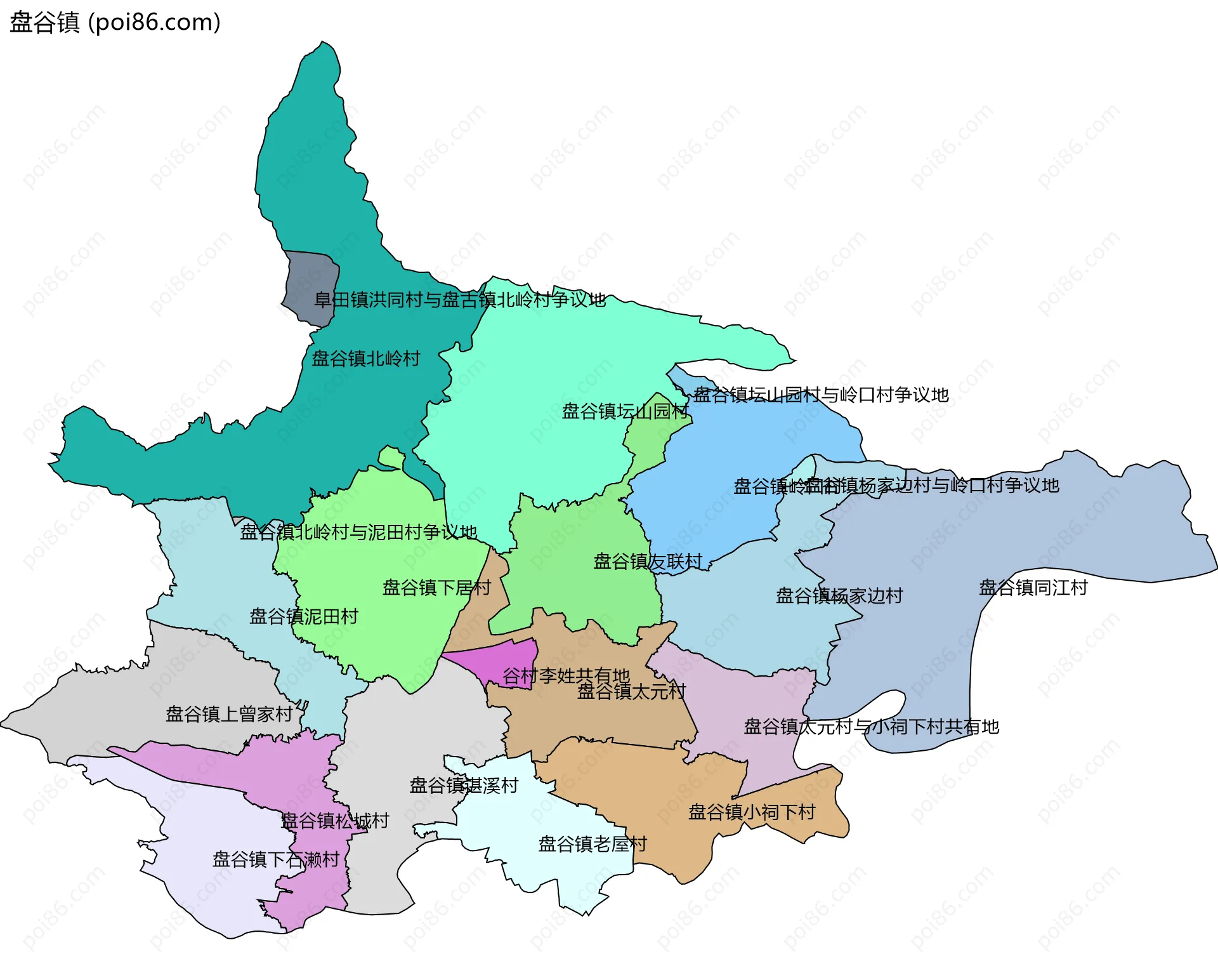 盘谷镇边界地图(五级行政区划)