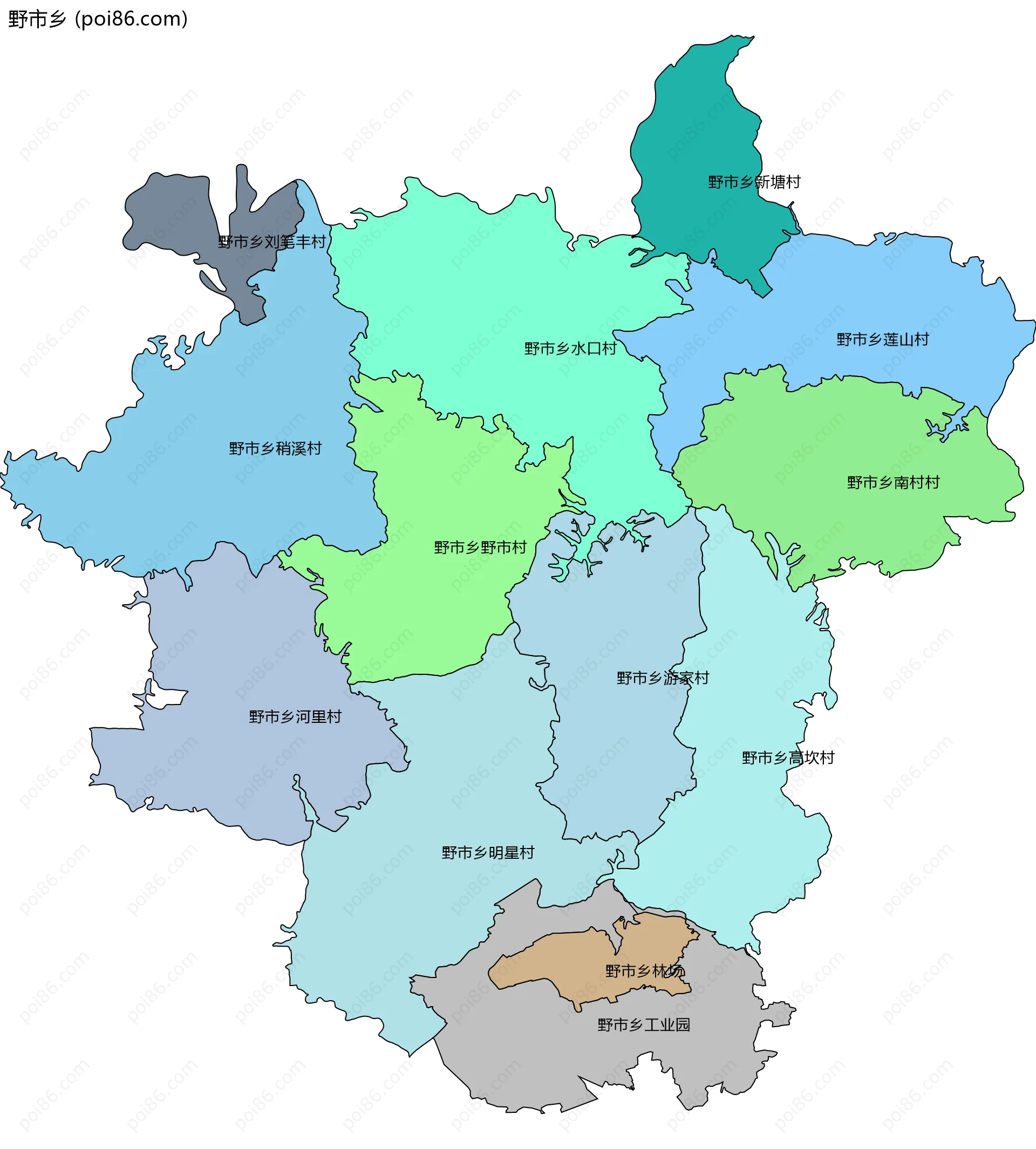 野市乡边界地图(五级行政区划)