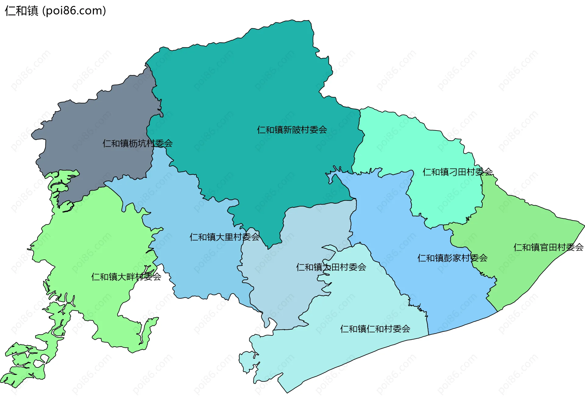 仁和镇边界地图(五级行政区划)