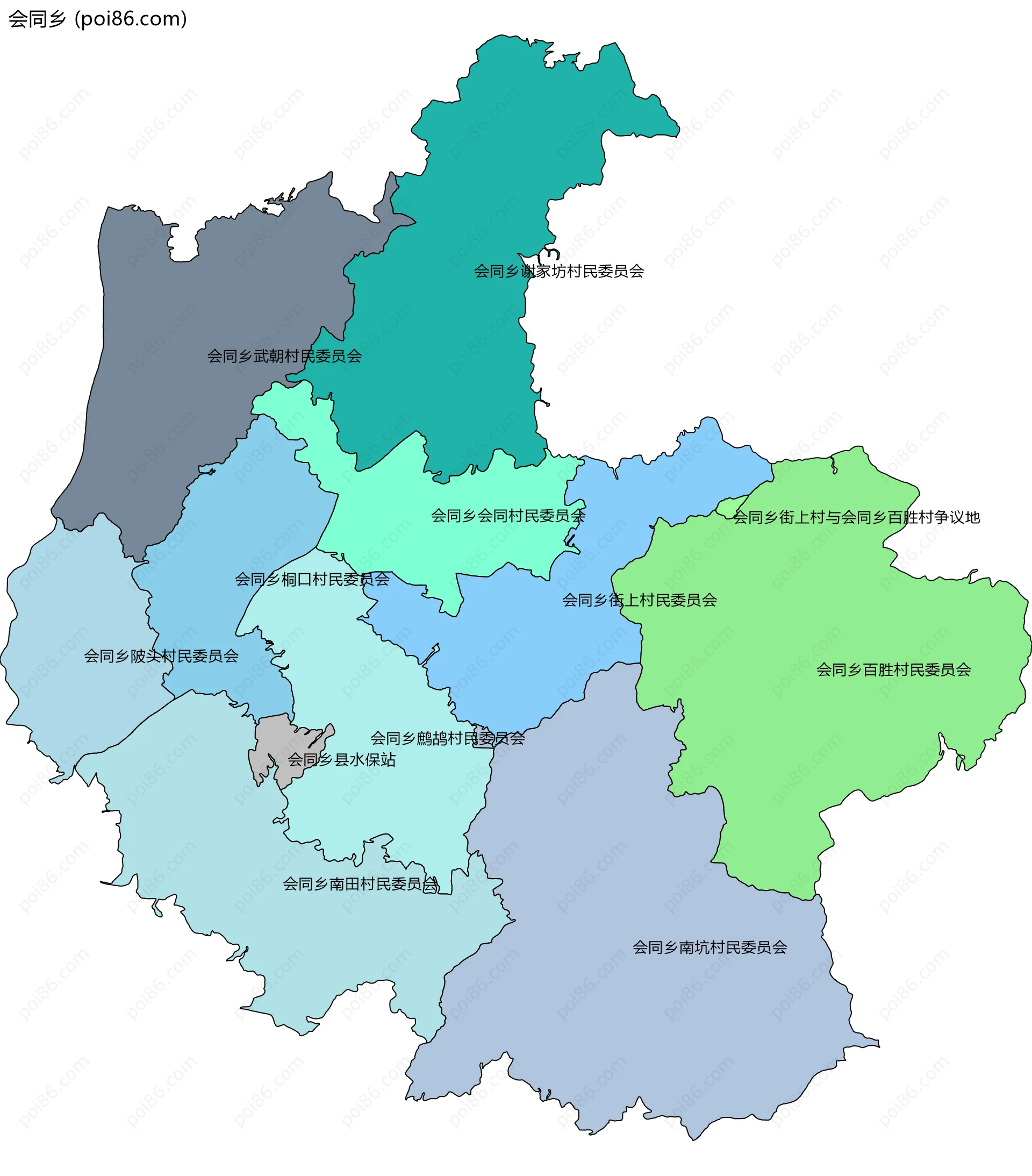 会同乡边界地图(五级行政区划)