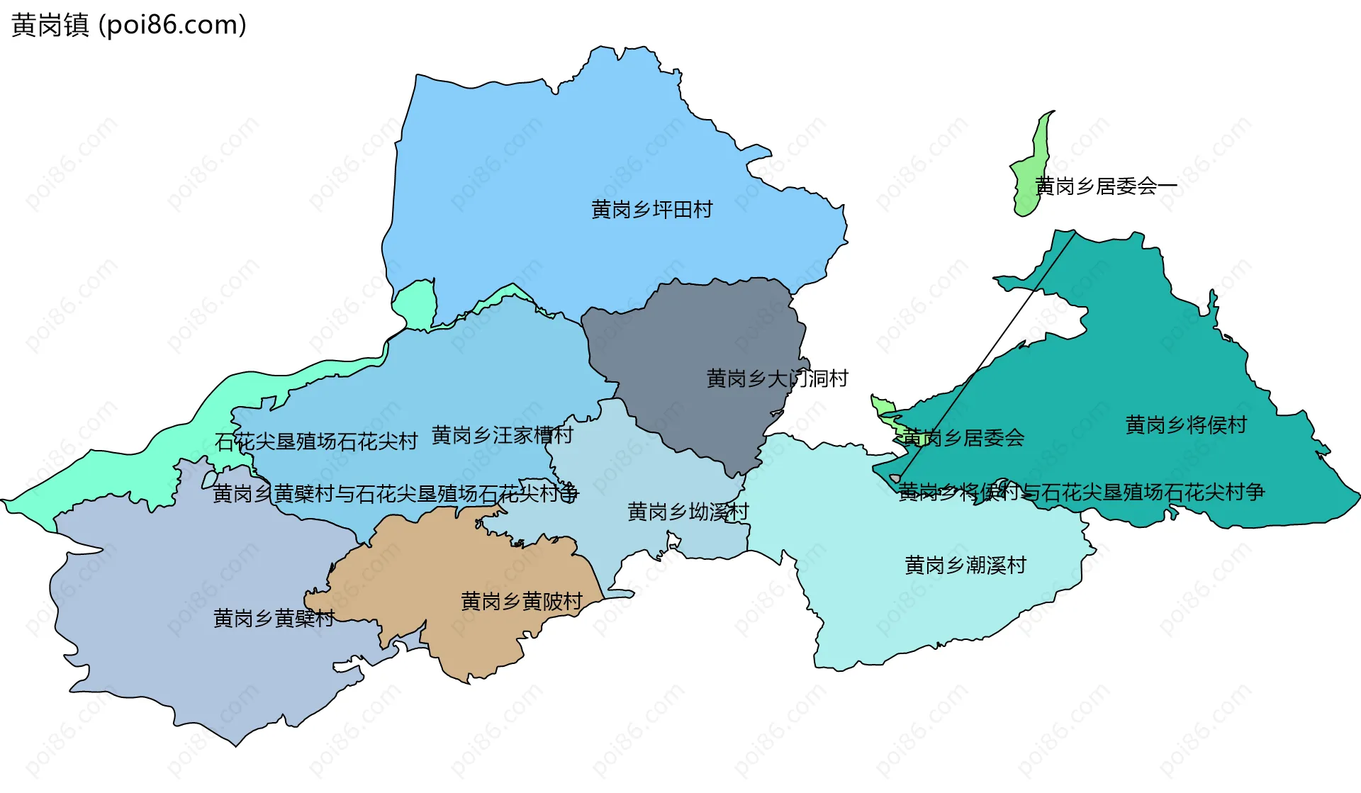 黄岗镇边界地图(五级行政区划)