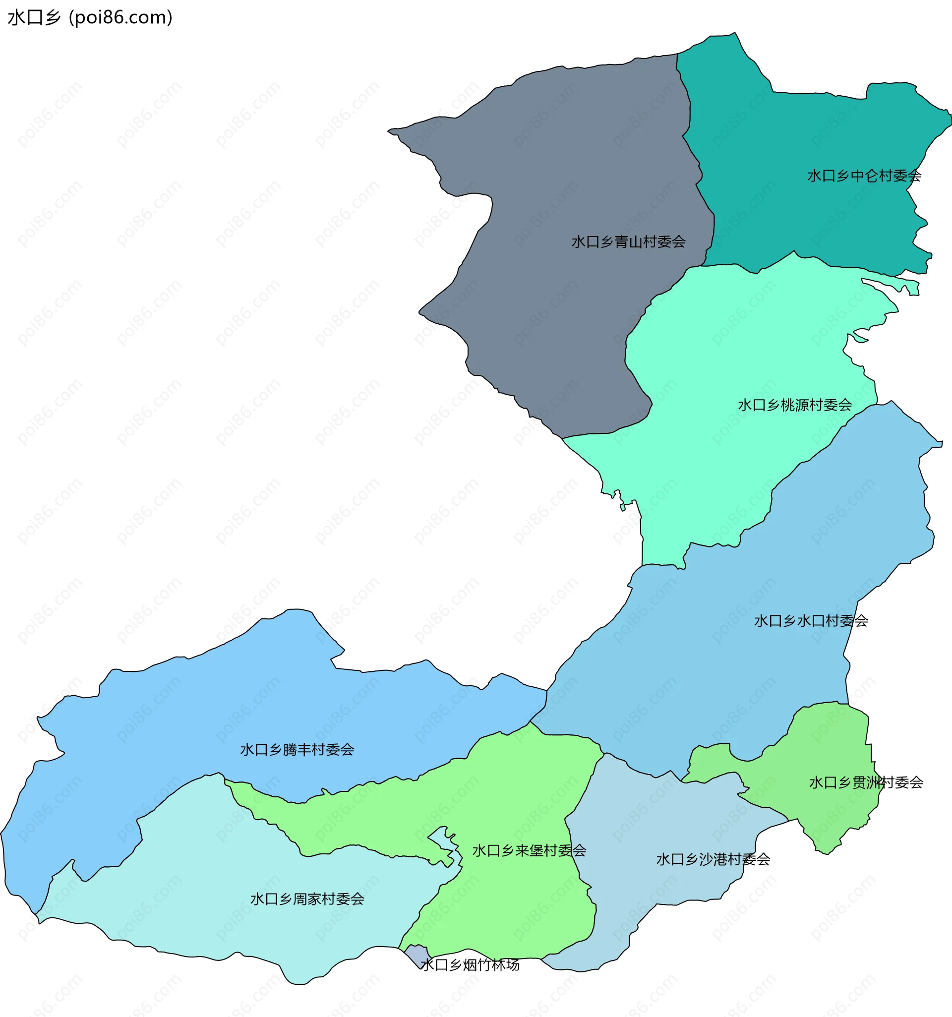 水口乡边界地图(五级行政区划)