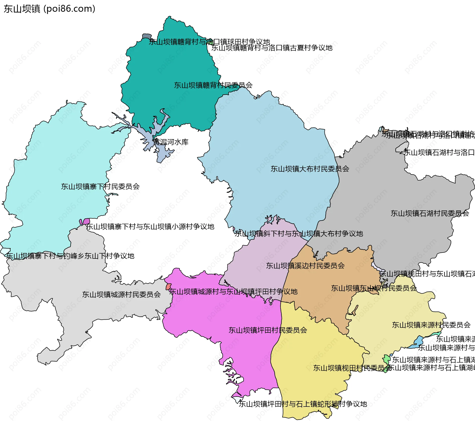 东山坝镇边界地图(五级行政区划)