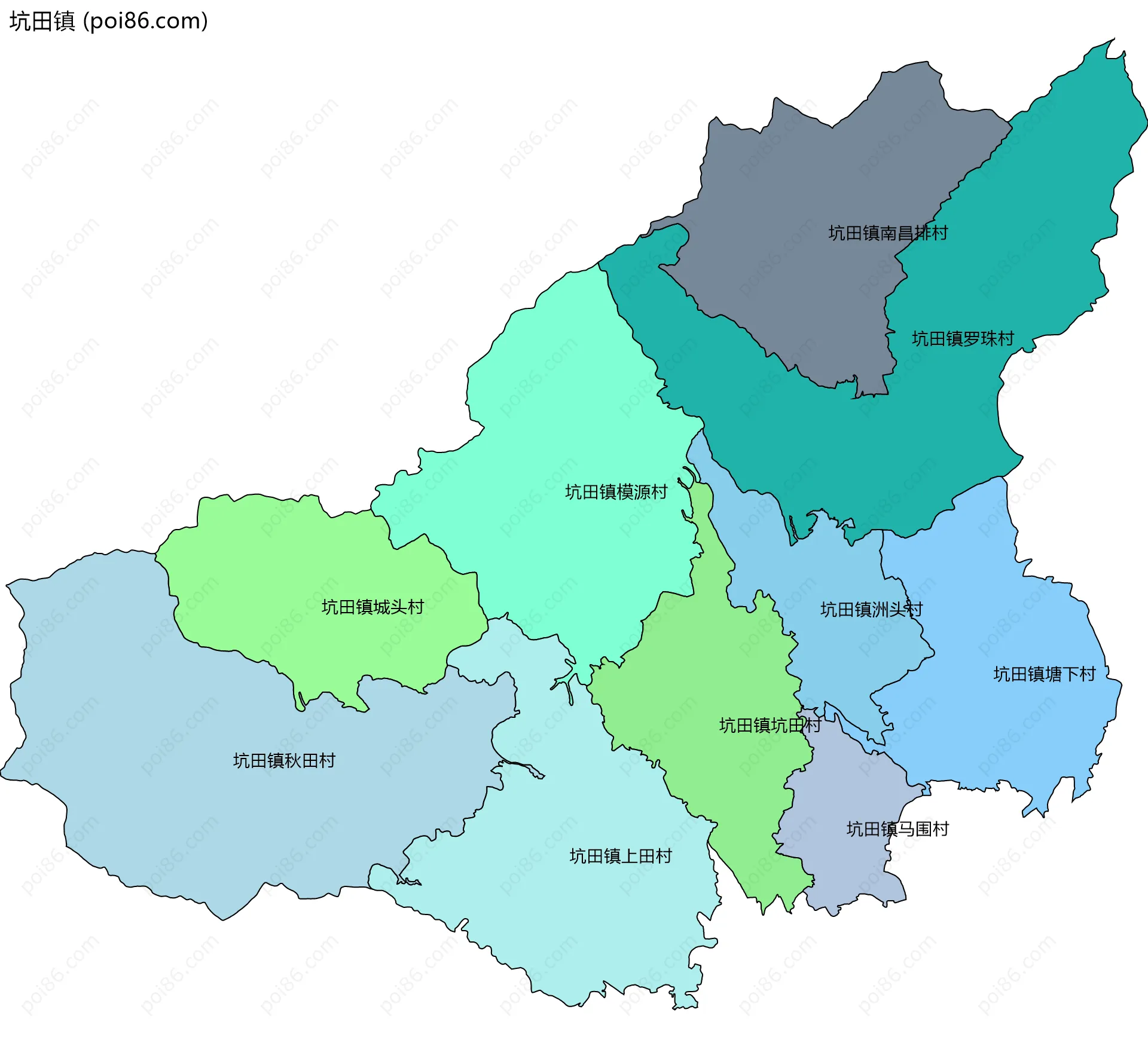 坑田镇边界地图(五级行政区划)