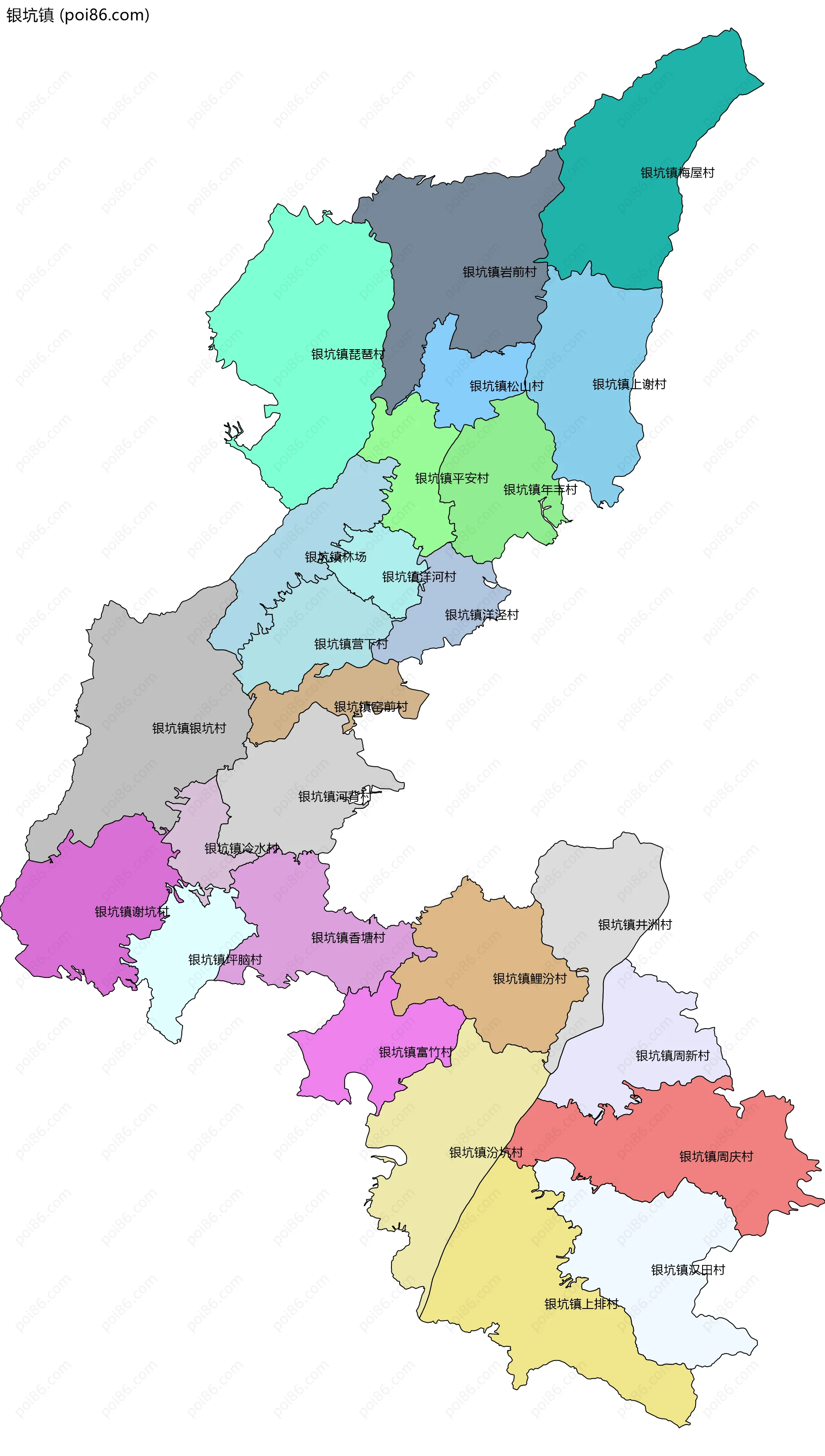 银坑镇边界地图(五级行政区划)