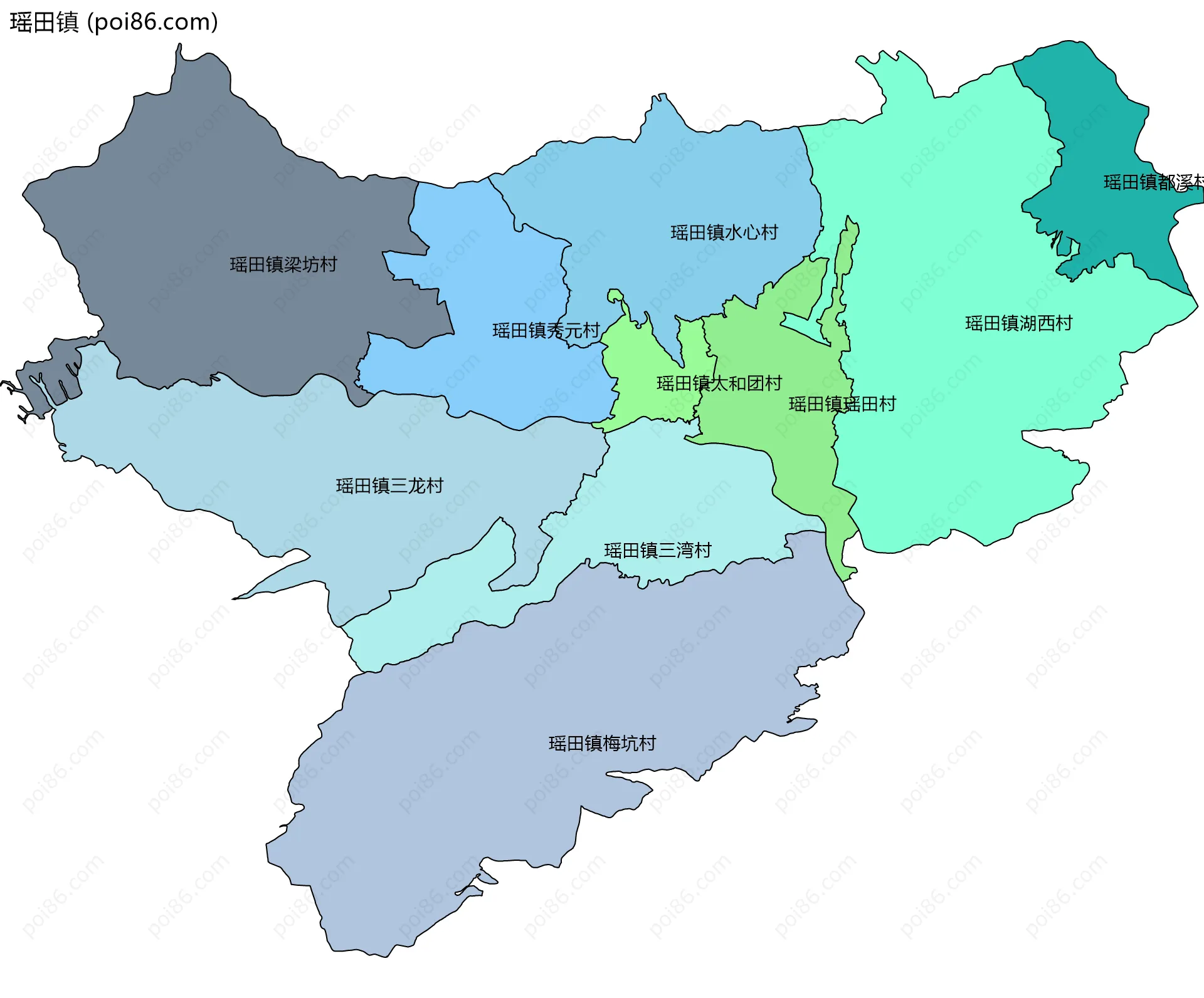 瑶田镇边界地图(五级行政区划)