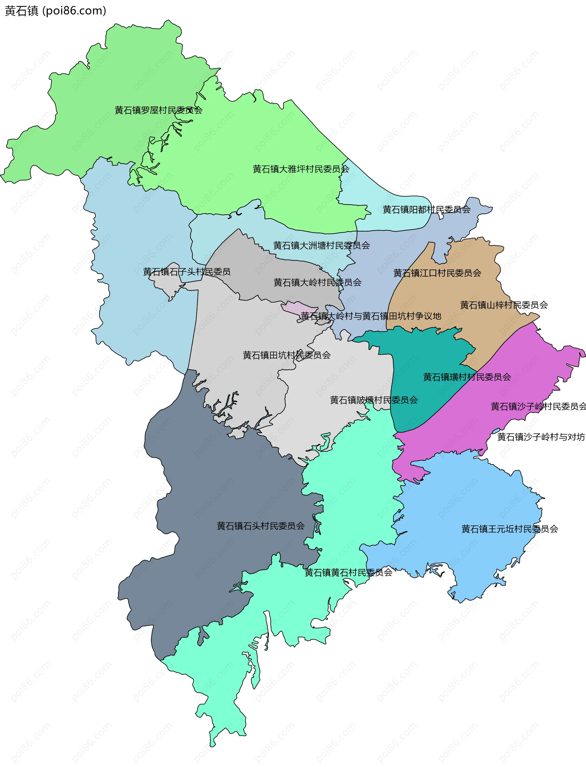 黄石镇边界地图(五级行政区划)