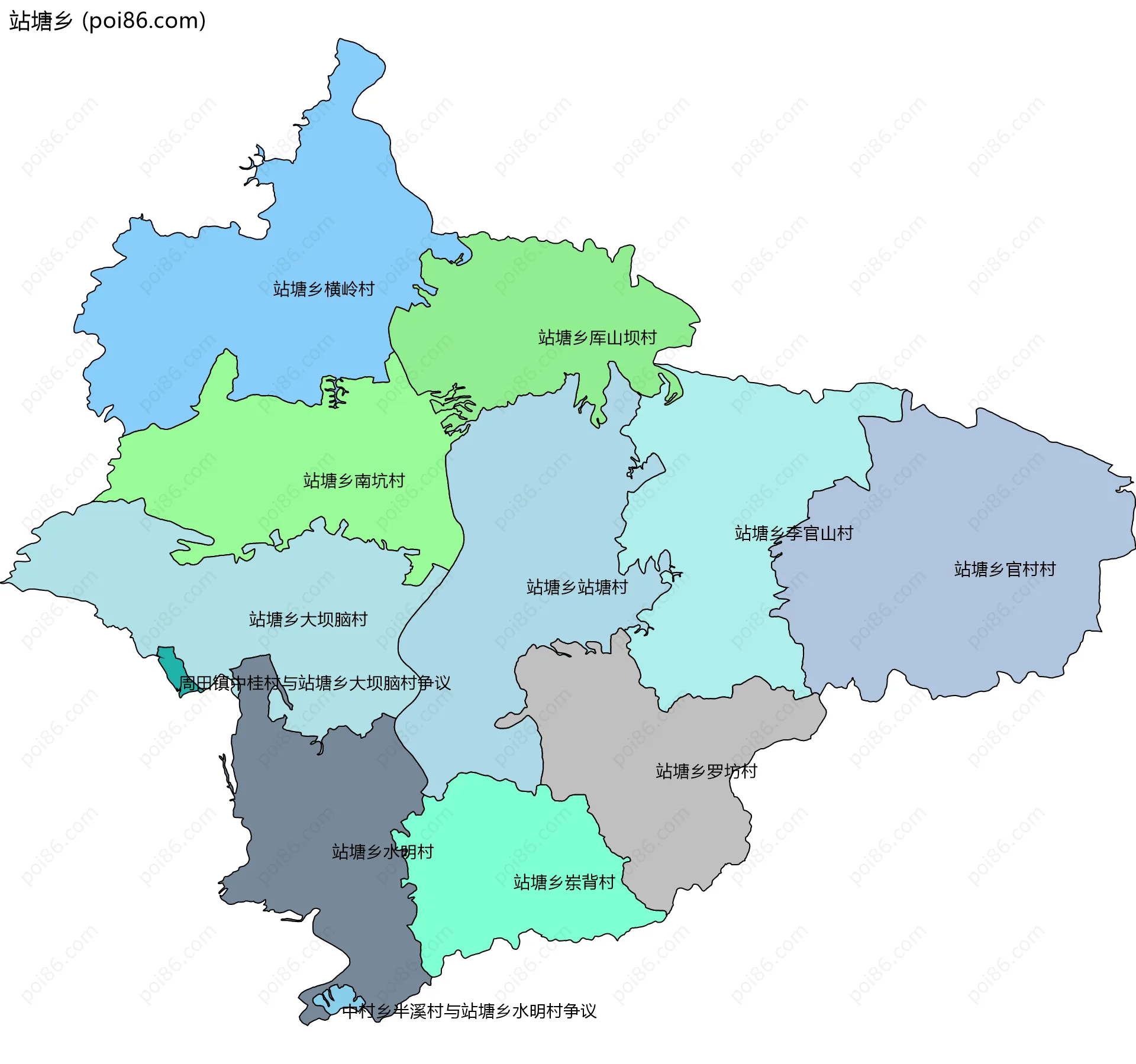 站塘乡边界地图(五级行政区划)