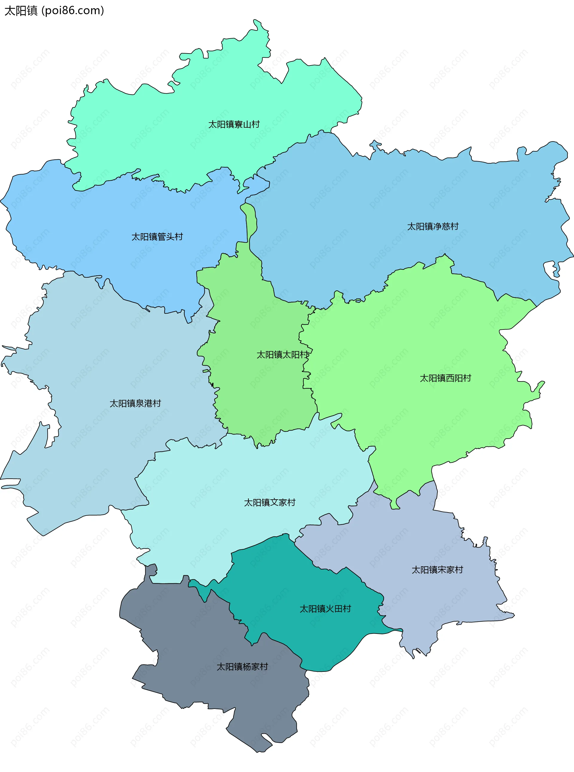 太阳镇边界地图(五级行政区划)