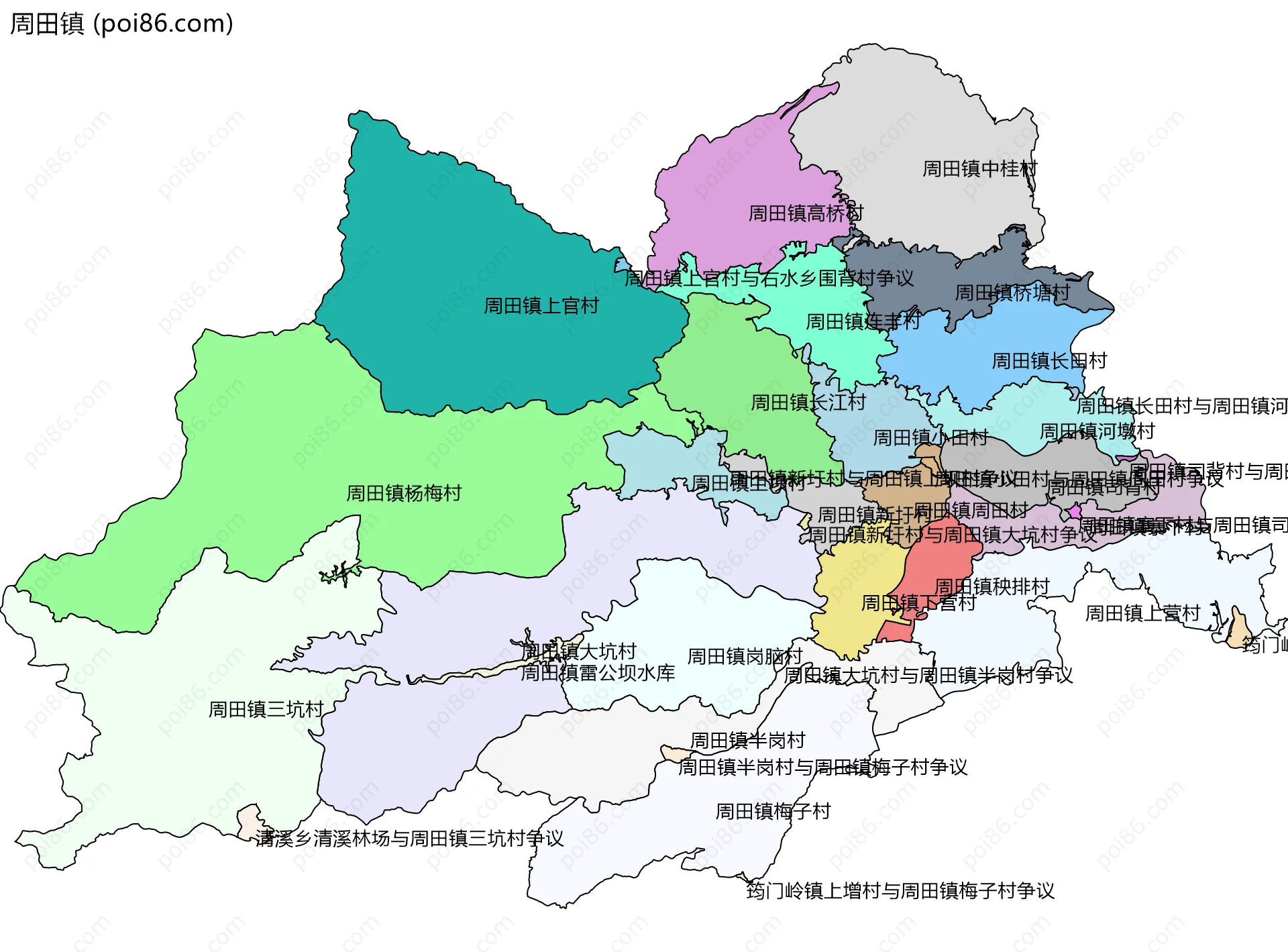 周田镇边界地图(五级行政区划)
