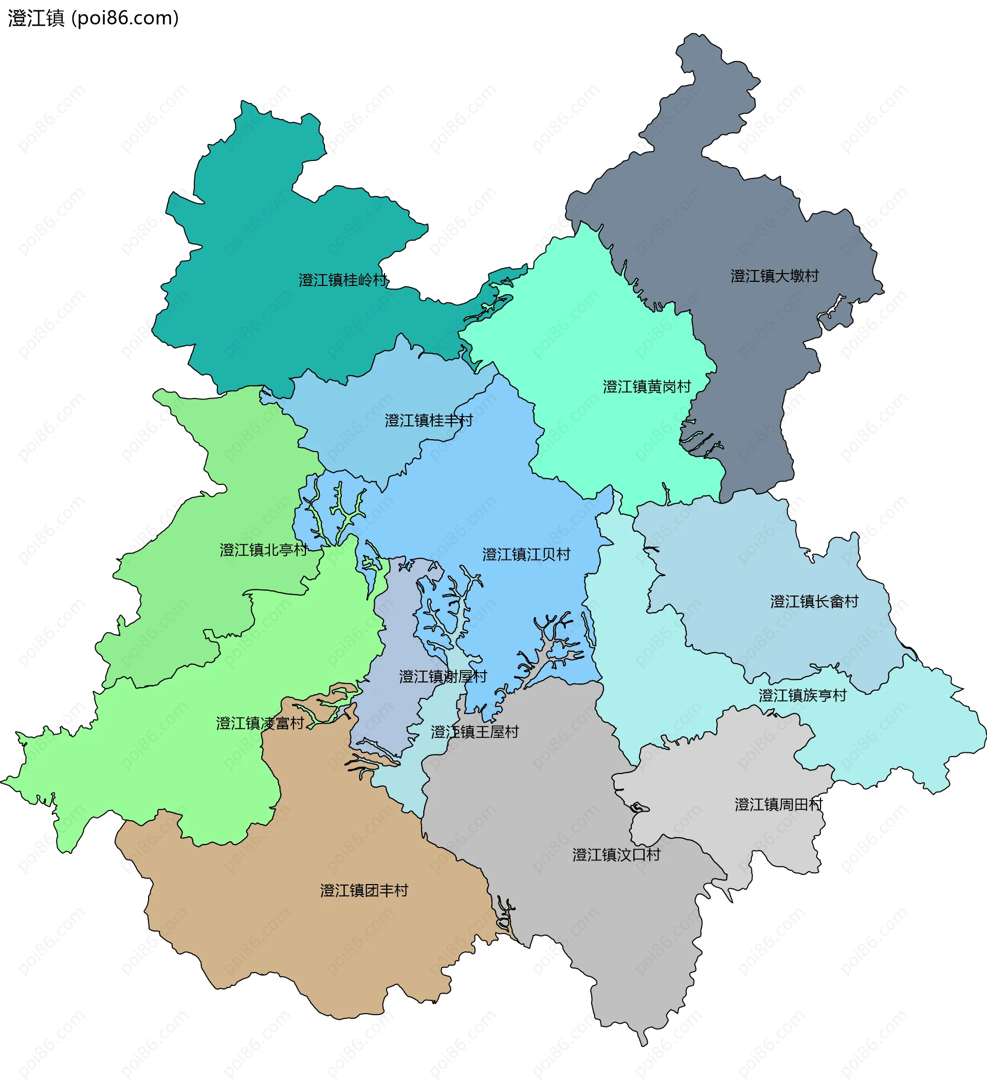 澄江镇边界地图(五级行政区划)